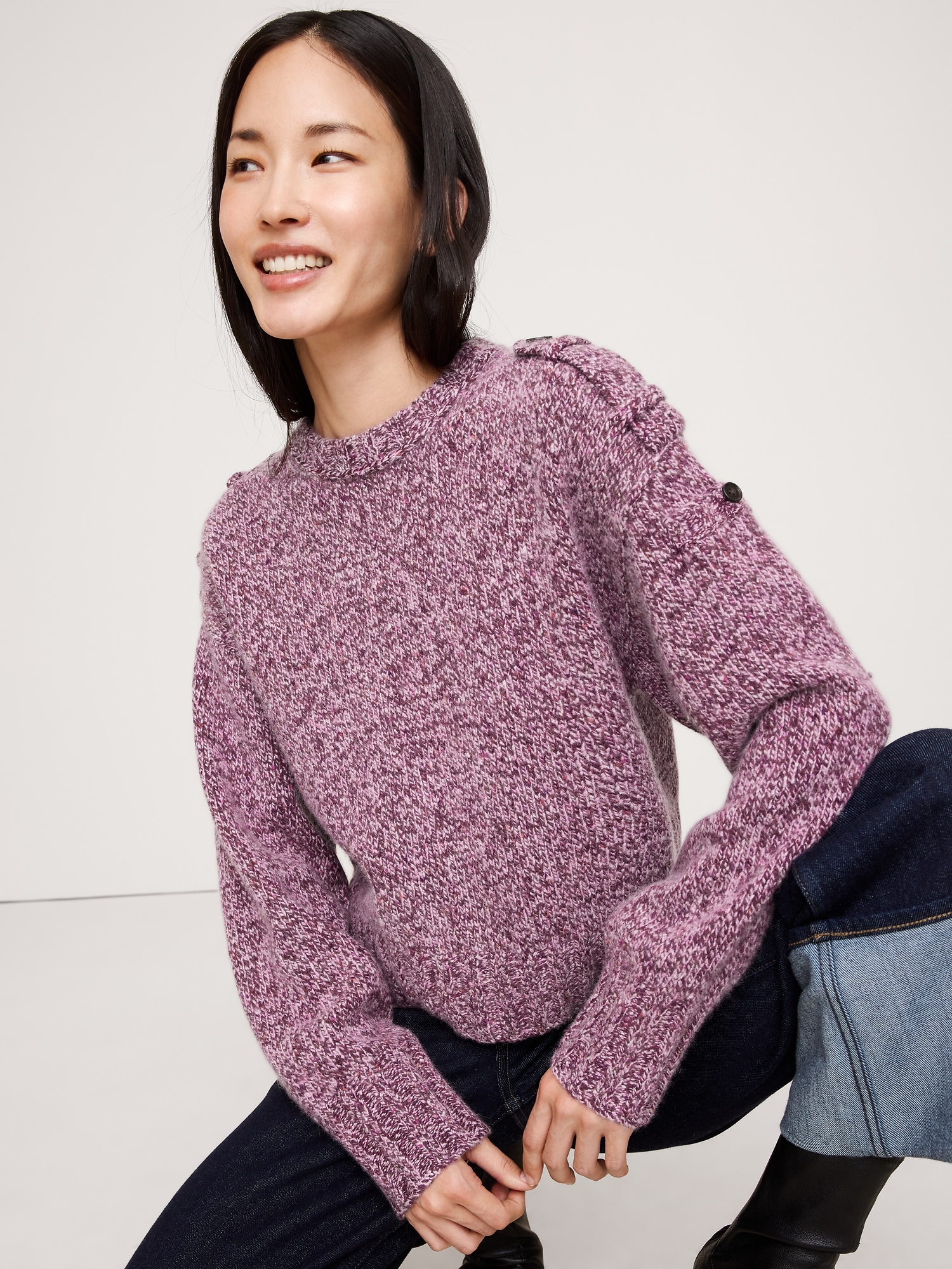 Marled Cashmere-Merino Blend Sweater - Berry Rose Heather