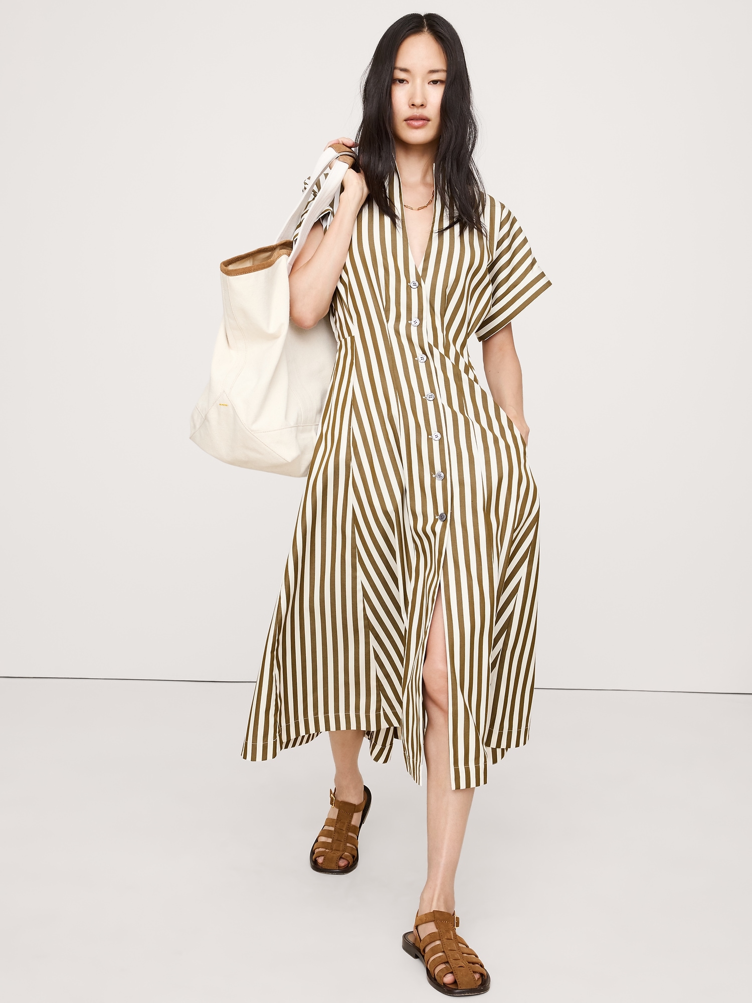 Cotton Poplin Shirt Dress - Olive Green Stripe