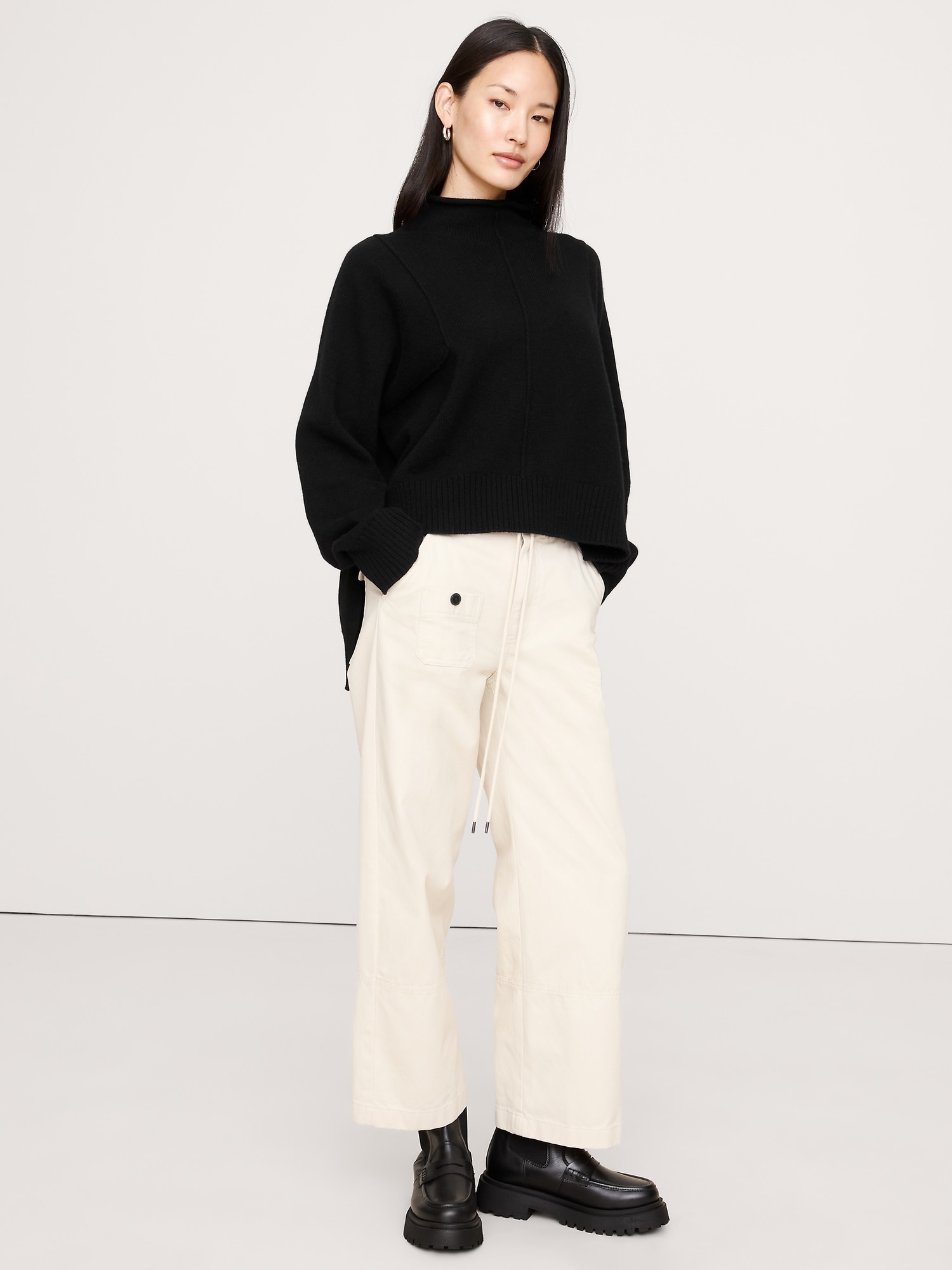 Oversized Merino-Cotton High-Low Funnel-Neck Sweater - Black