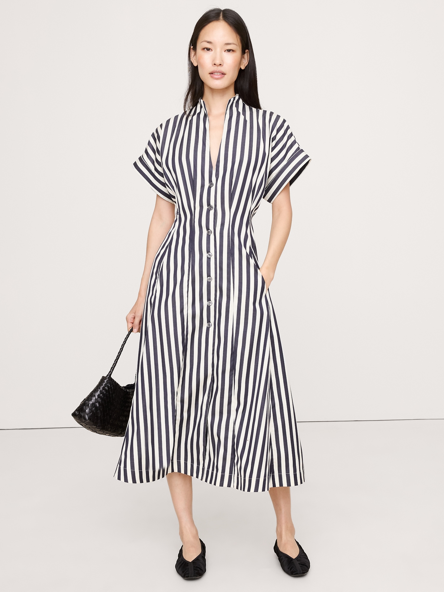 Cotton Poplin Shirt Dress - Navy Blue Stripe