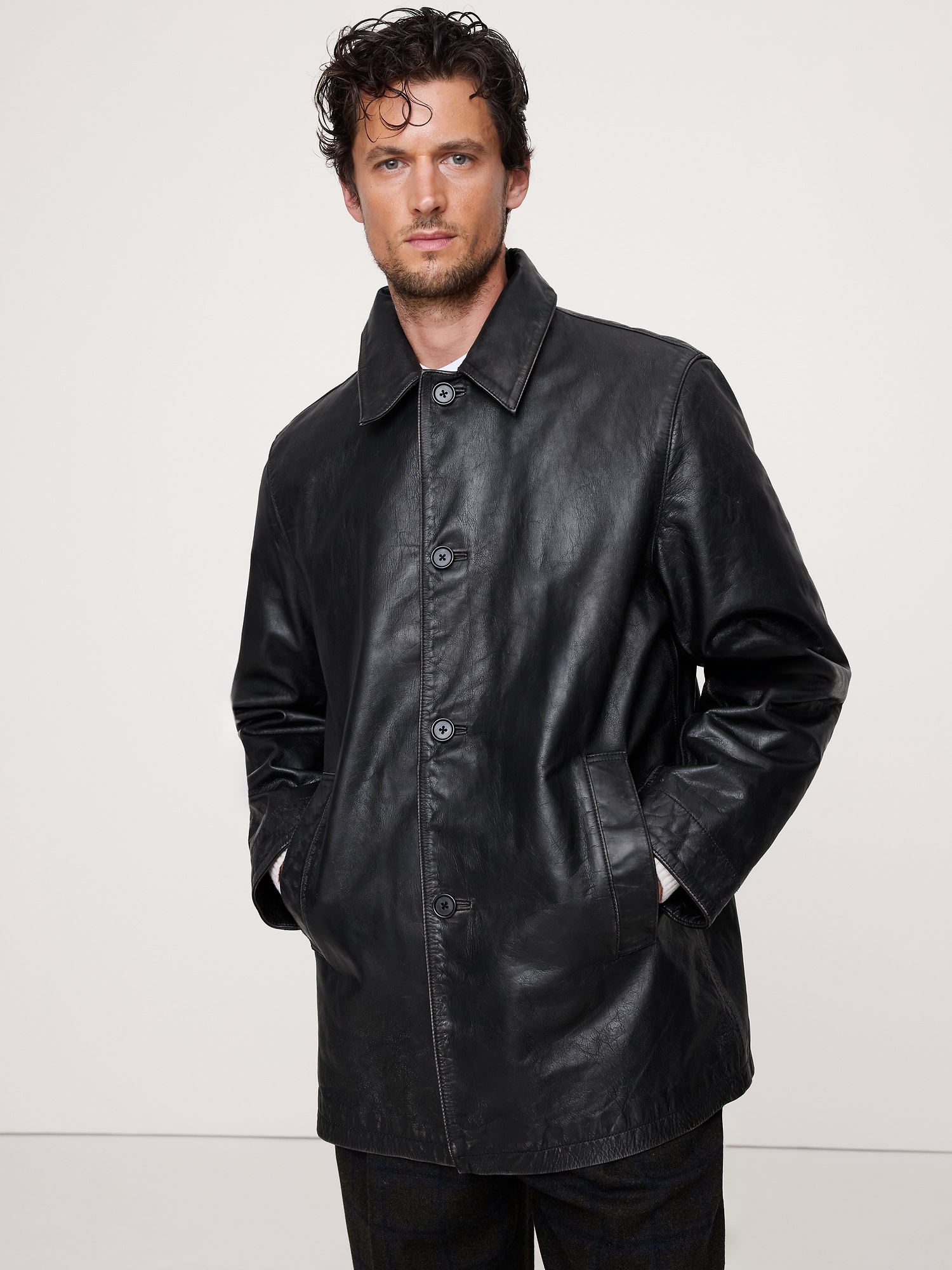 Мужские куртки Banana Republic Relaxed Leather Carcoat, цвет: Чёрный — фото 3