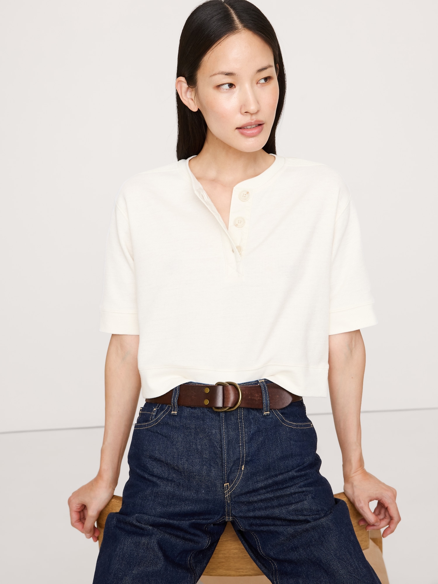 Image number 1 showing, Waffle-Knit Cropped Henley