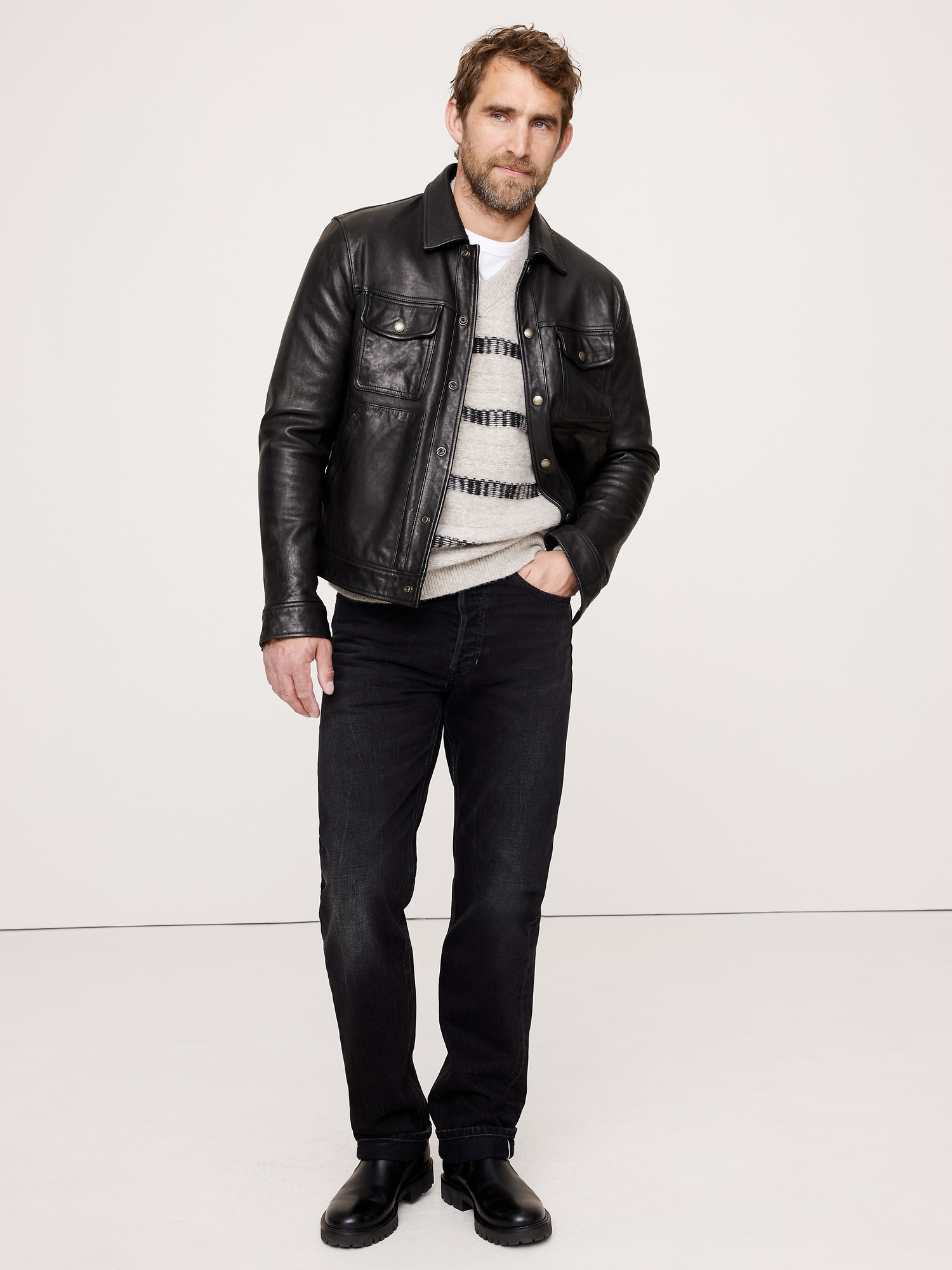 Мужской свитер Banana Republic Jacquard Stripe V-Neck, цвет: Натуральный бежевый — фото 3