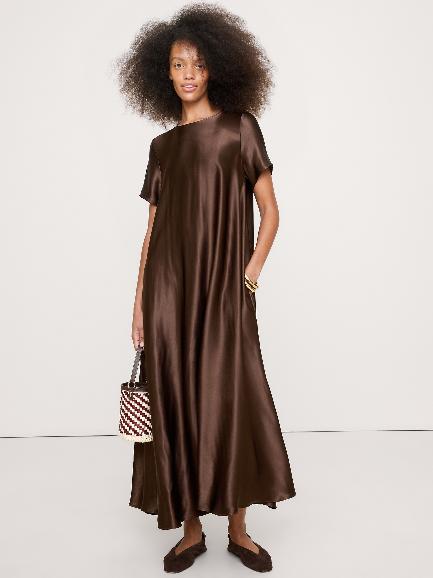 Italian Satin Trapeze Long Midi Dress - Espresso Brown