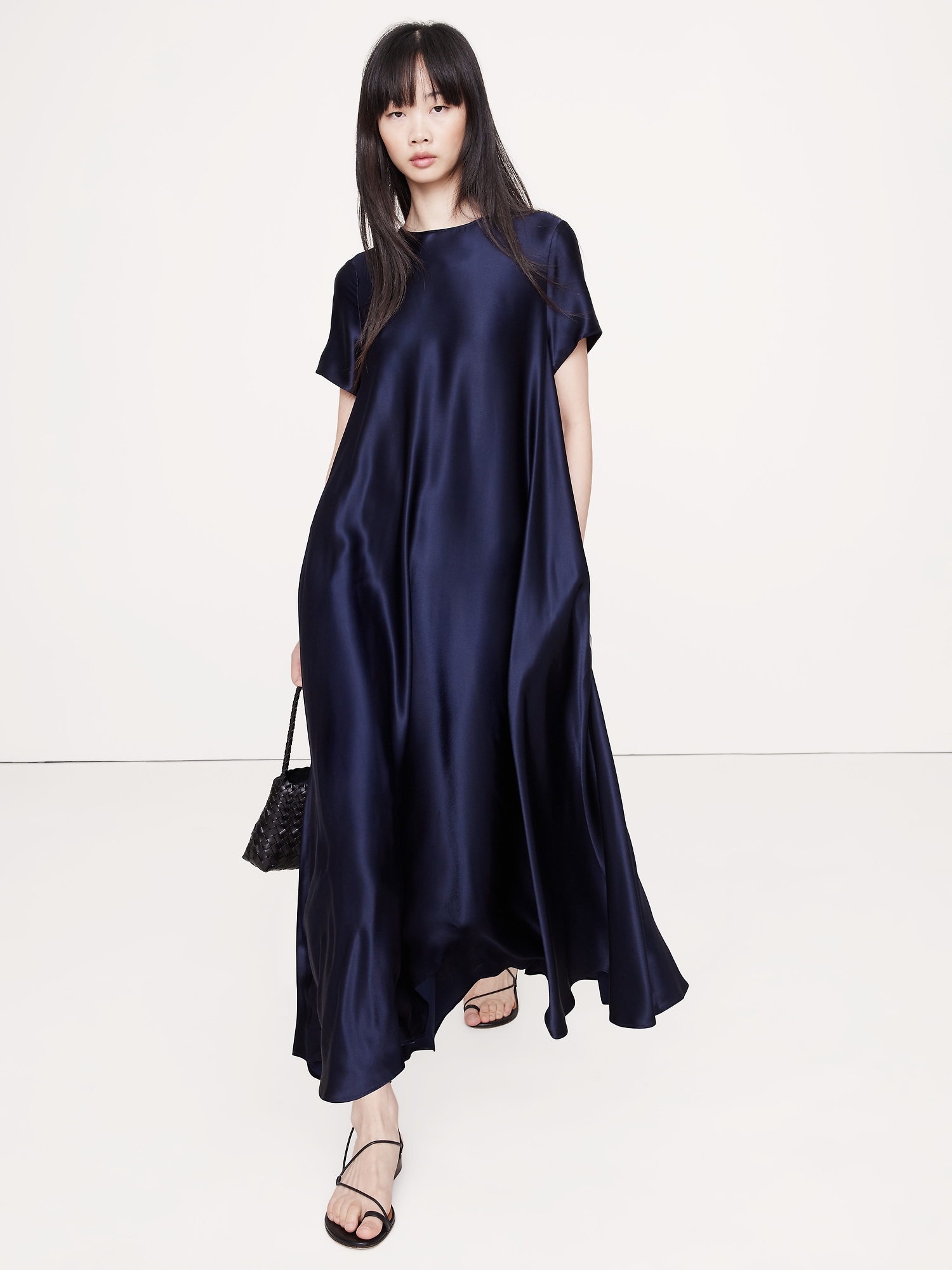 Image number 1 showing, Italian Satin Trapeze Long Midi Dress