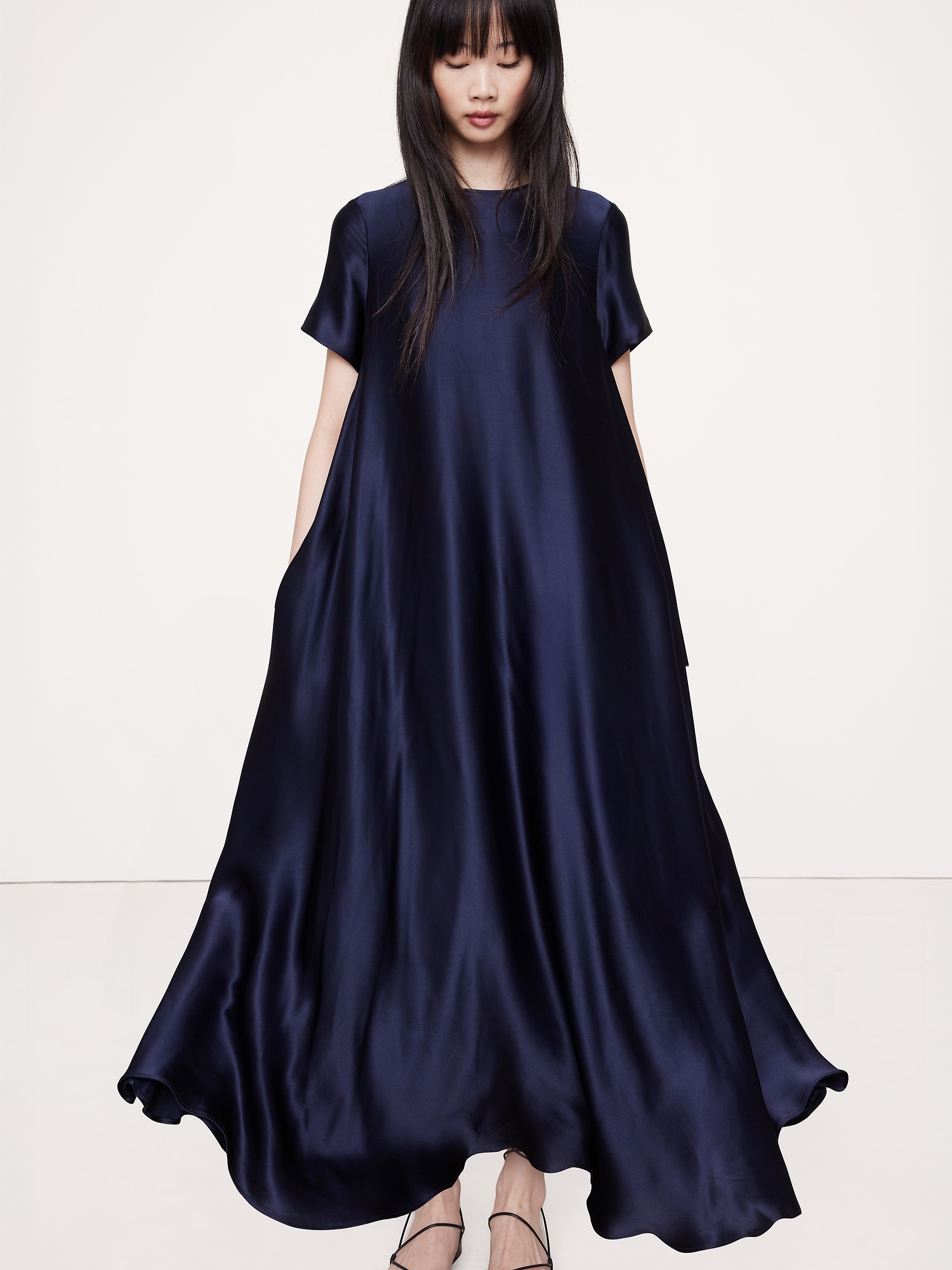 Image number 4 showing, Italian Satin Trapeze Long Midi Dress