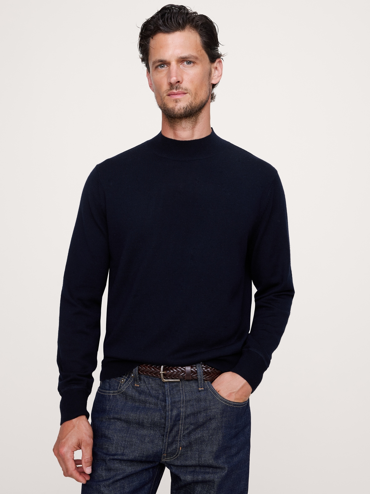 Merino Mock-Neck Sweater - Navy Blue
