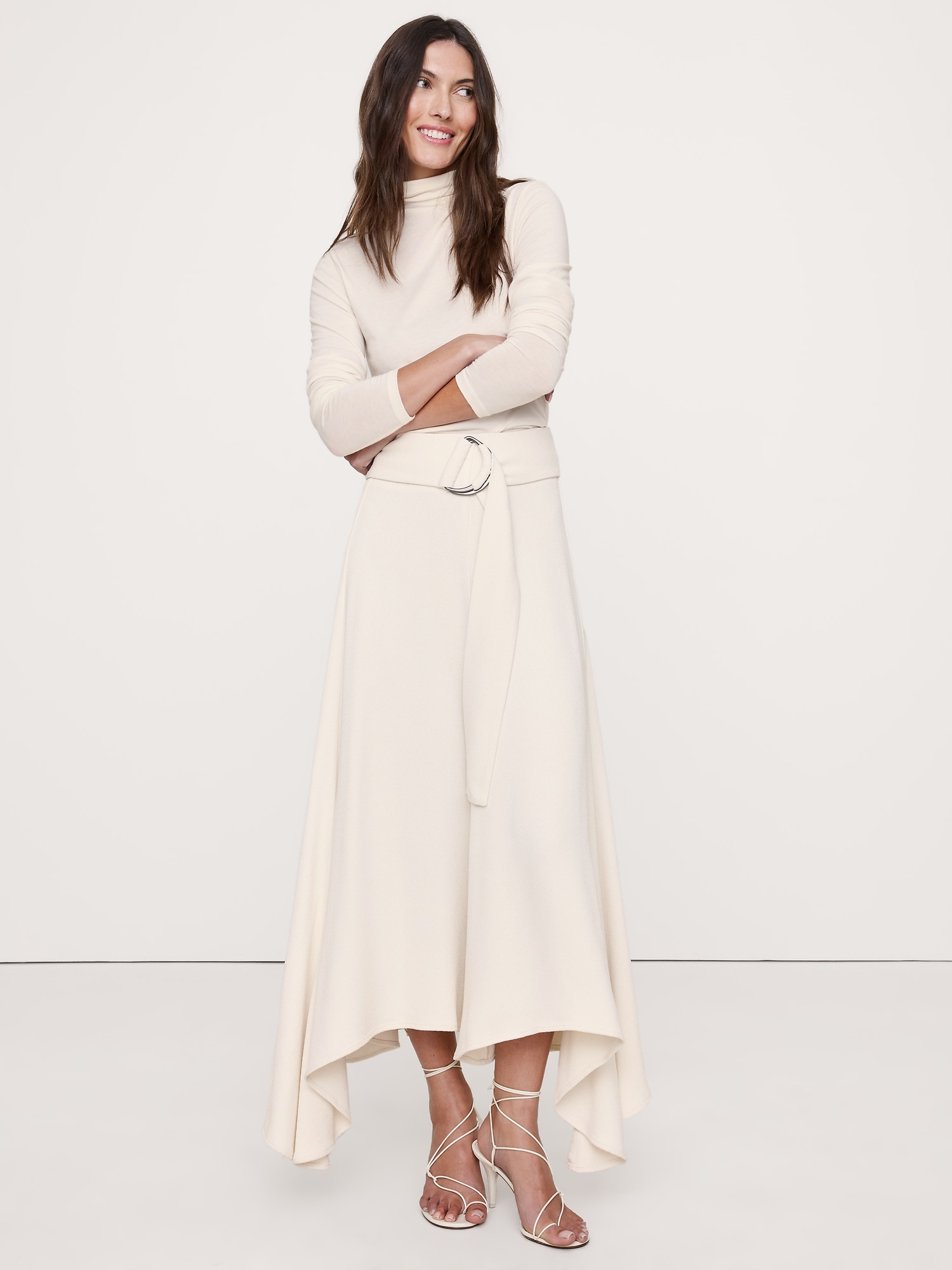Pebbled Crepe Long Midi Skirt - Transition Cream White