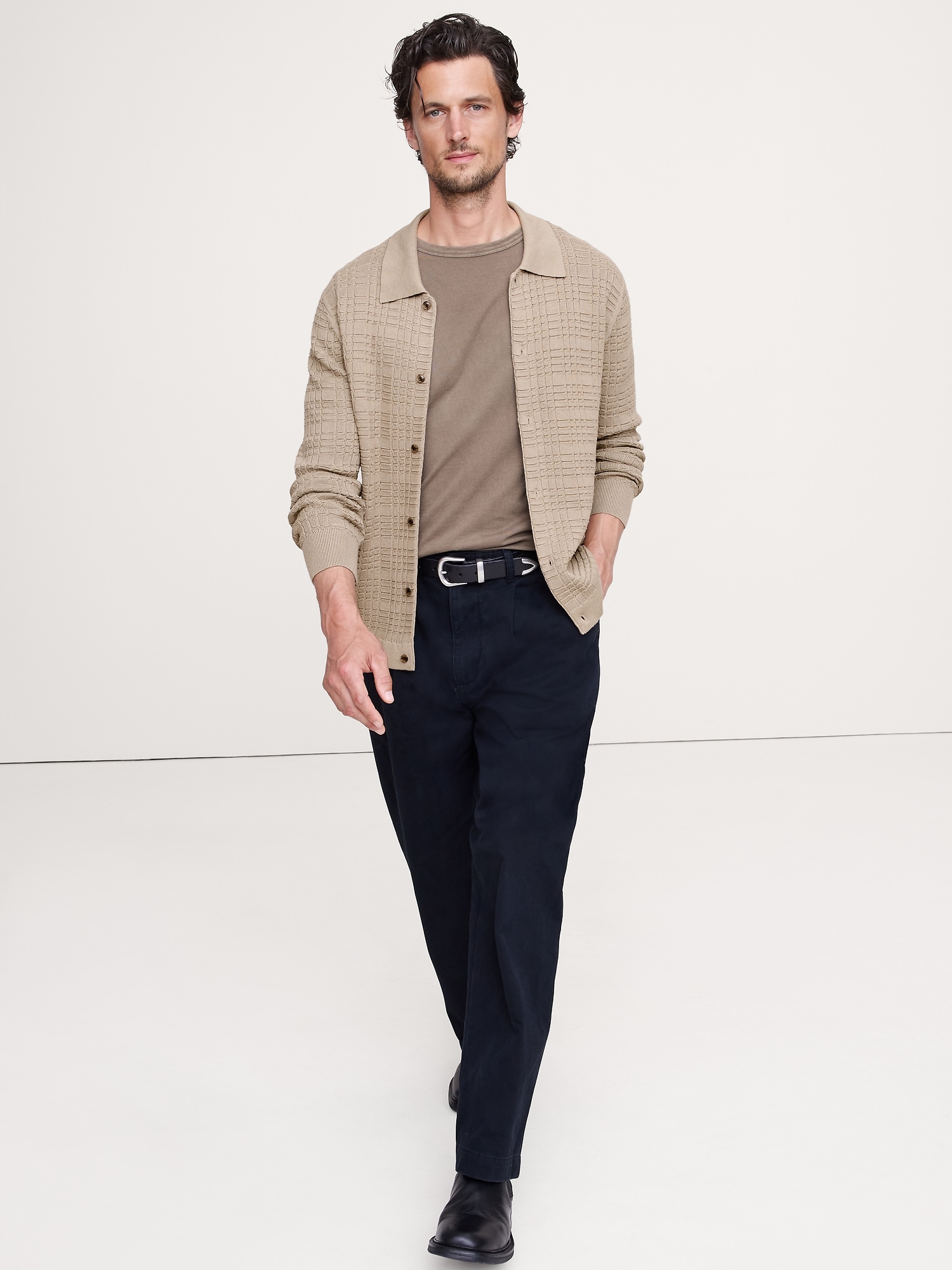 Plaid Texture Cotton Polo Cardigan - Khaki Beige