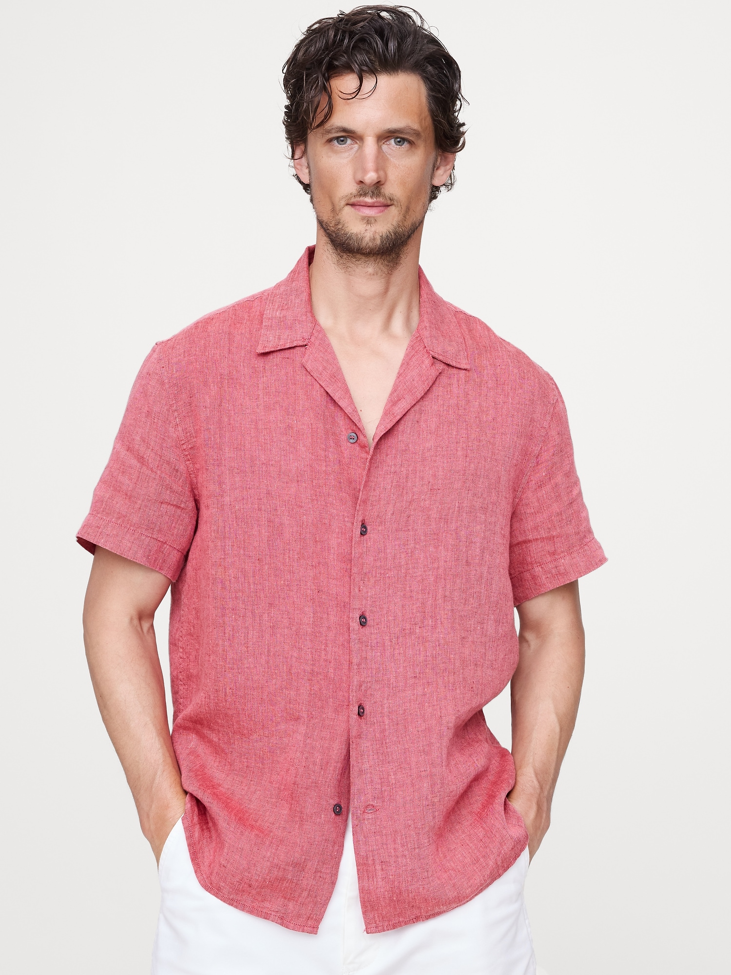 Standard-Fit Linen Resort Shirt - Bright Pink