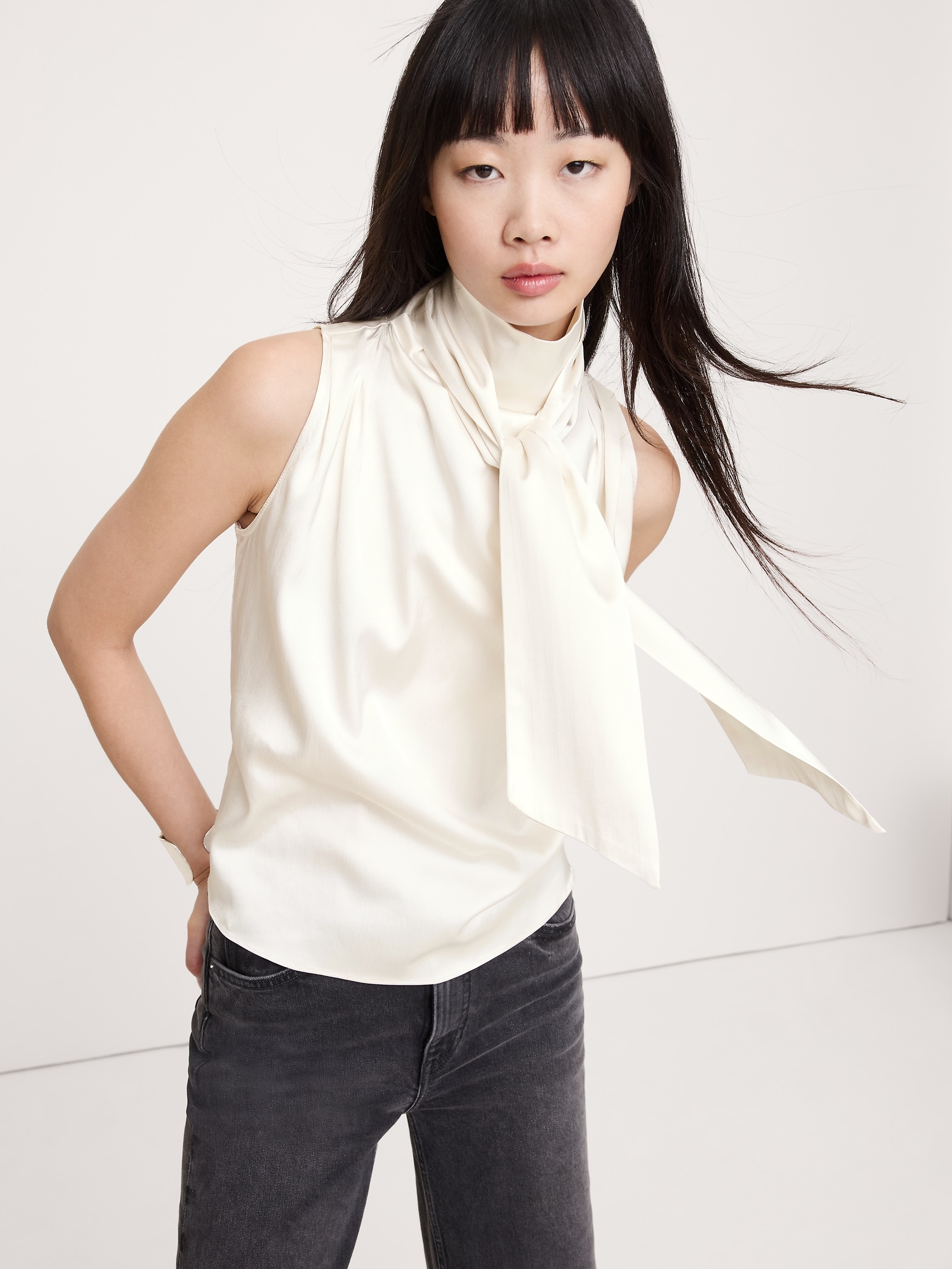 Image number 1 showing, Stretch-Satin Tie-Neck Top