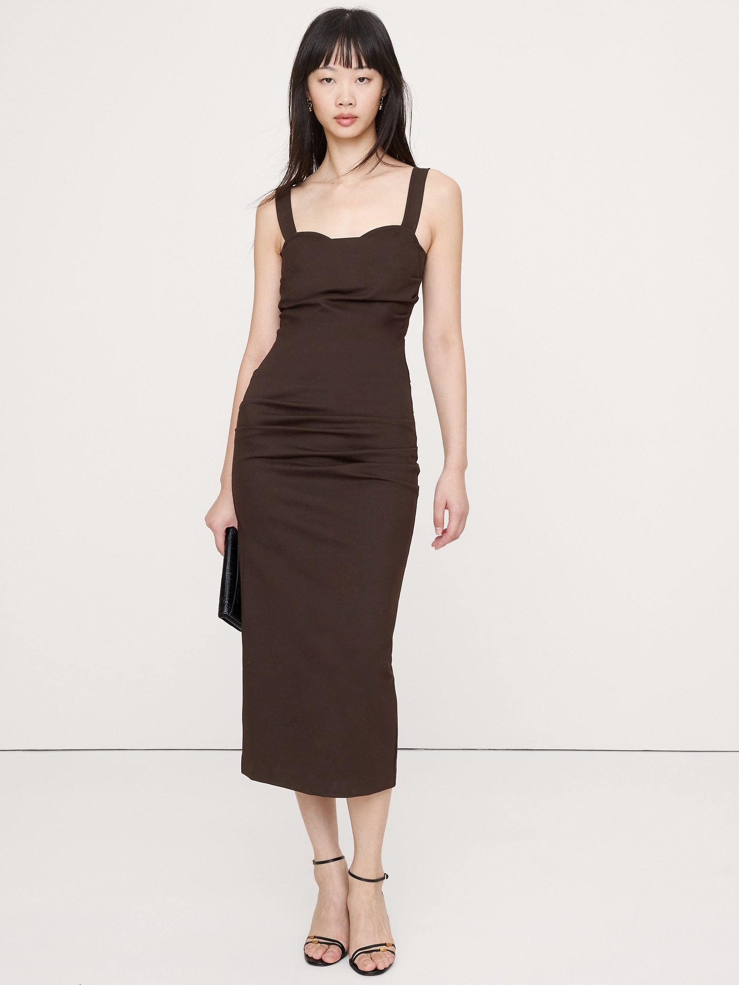 Everywhere Ponte Ruched Midi Dress - Ganache Brown