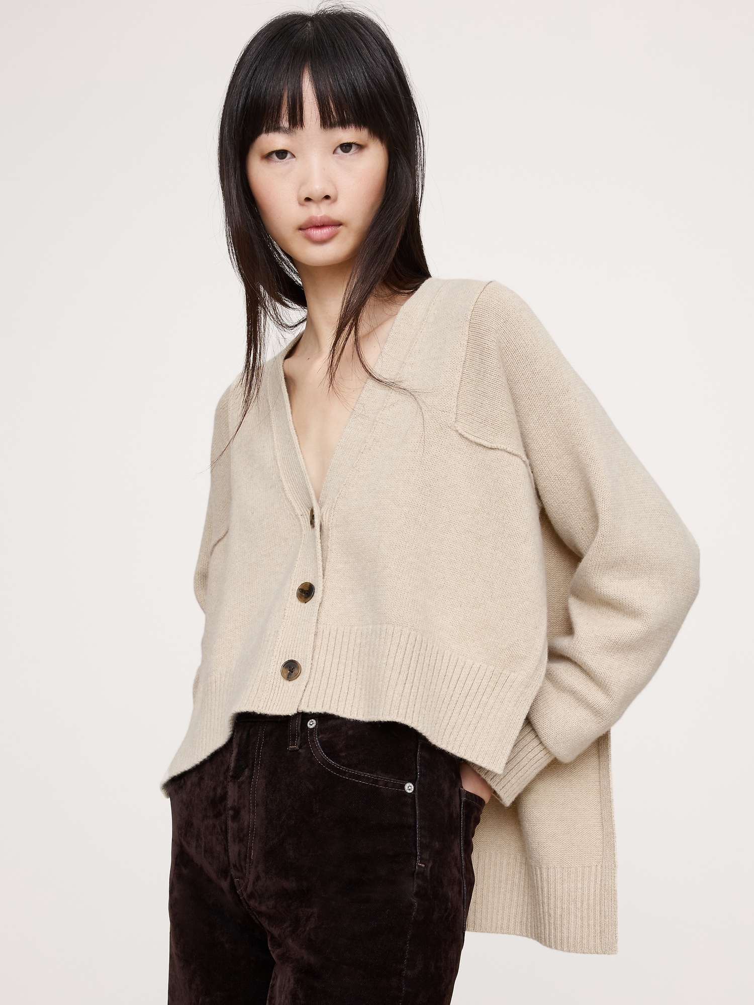 Oversized Merino-Cotton High-Low Cardigan - Stone Heather