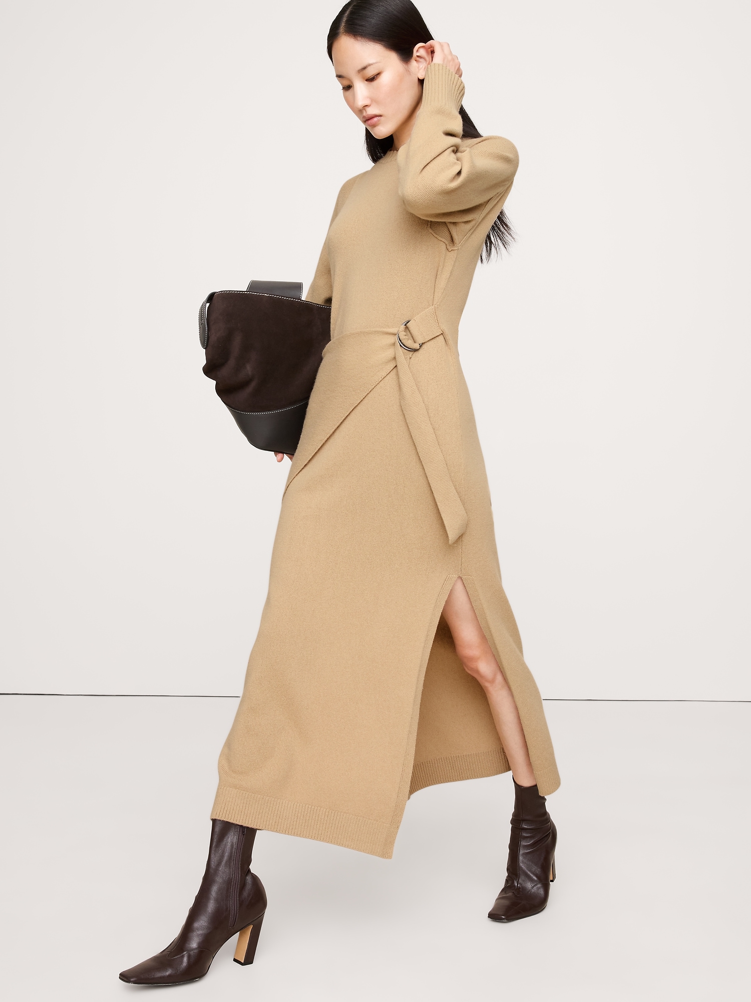 Merino-Cotton Wrap Sweater Dress - Camel