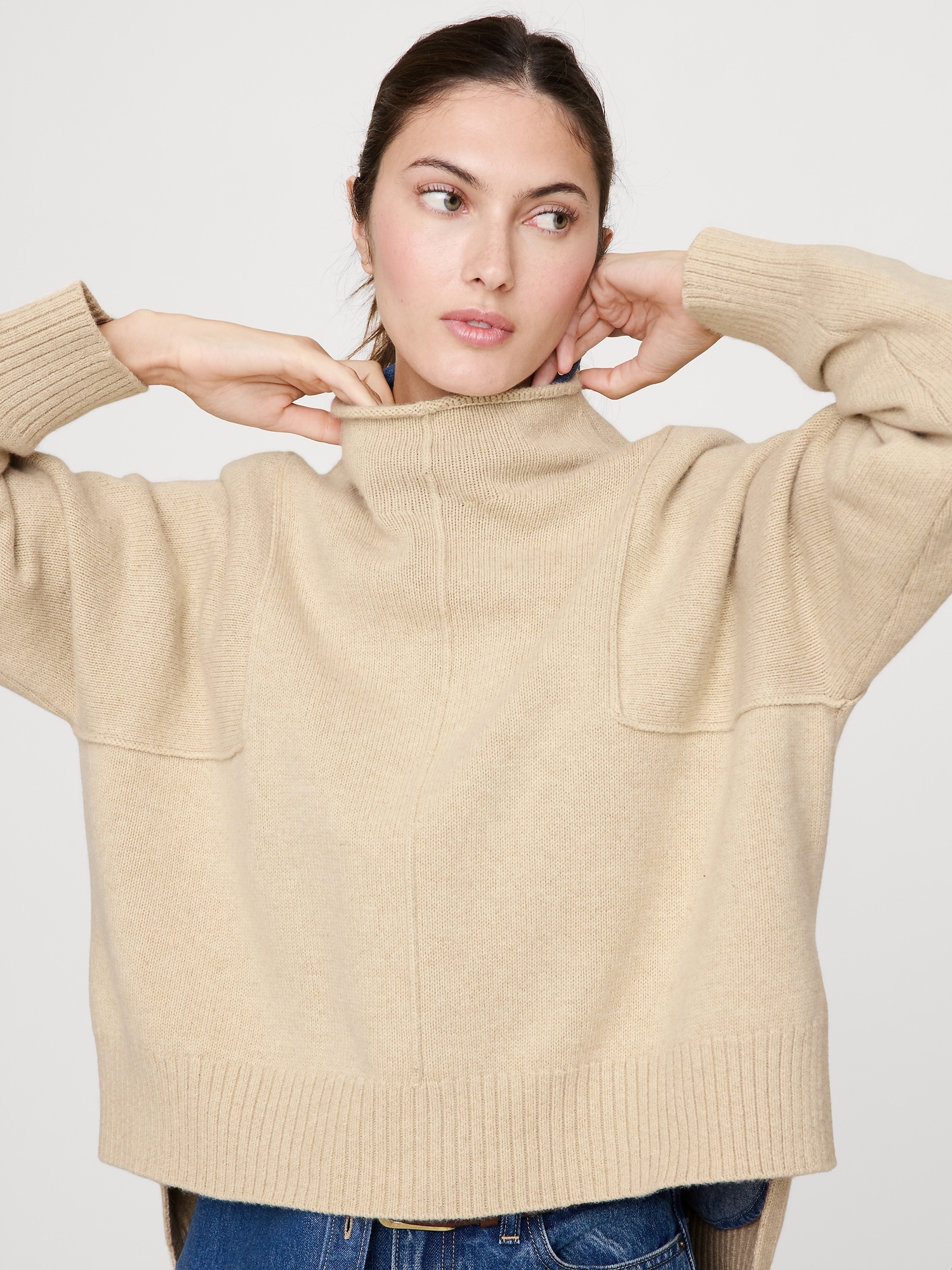 Oversized Merino-Cotton High-Low Funnel-Neck Sweater - Stone Heather