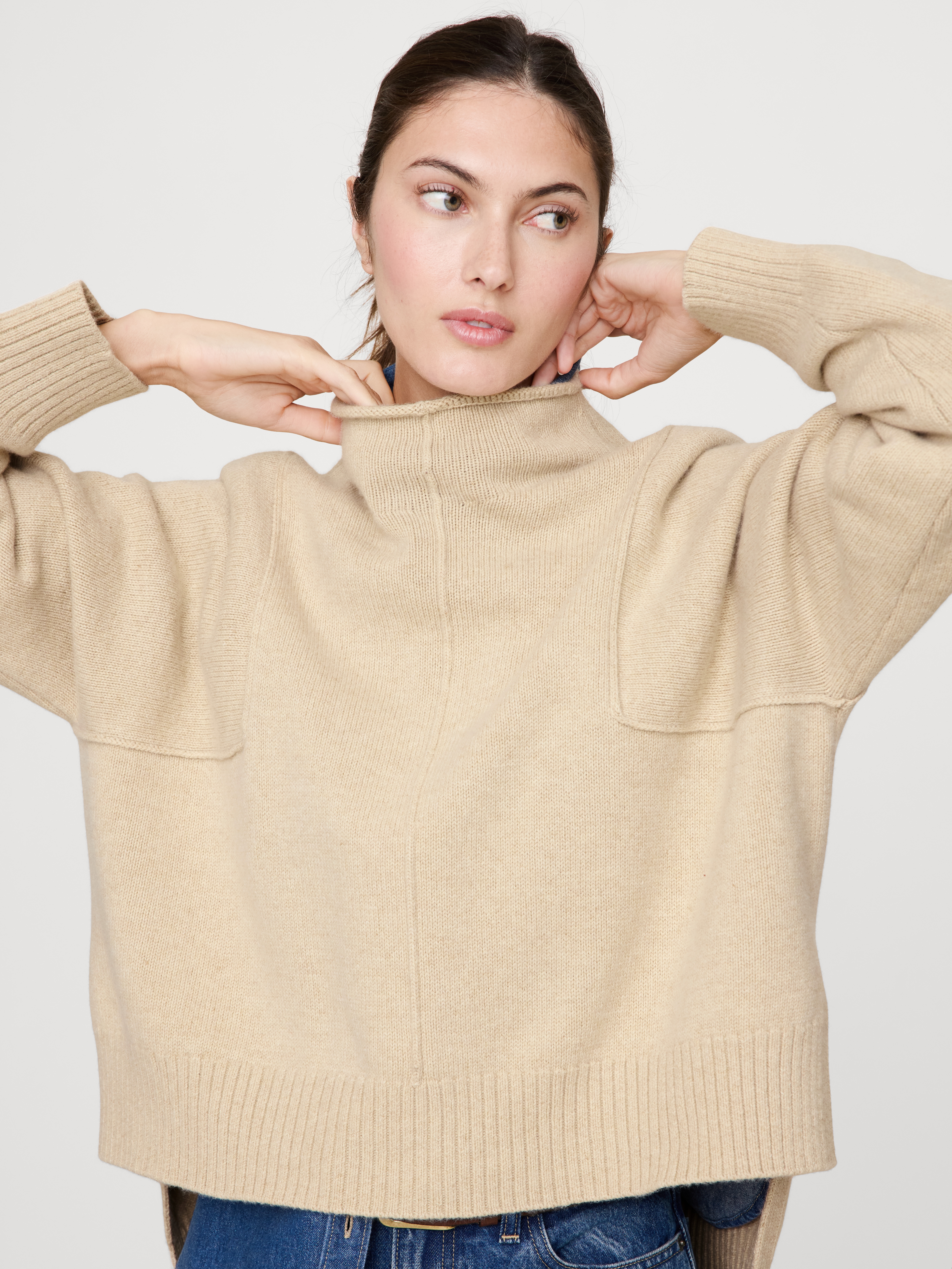 Oversized Merino-Cotton High-Low Funnel-Neck Sweater | Banana Republic