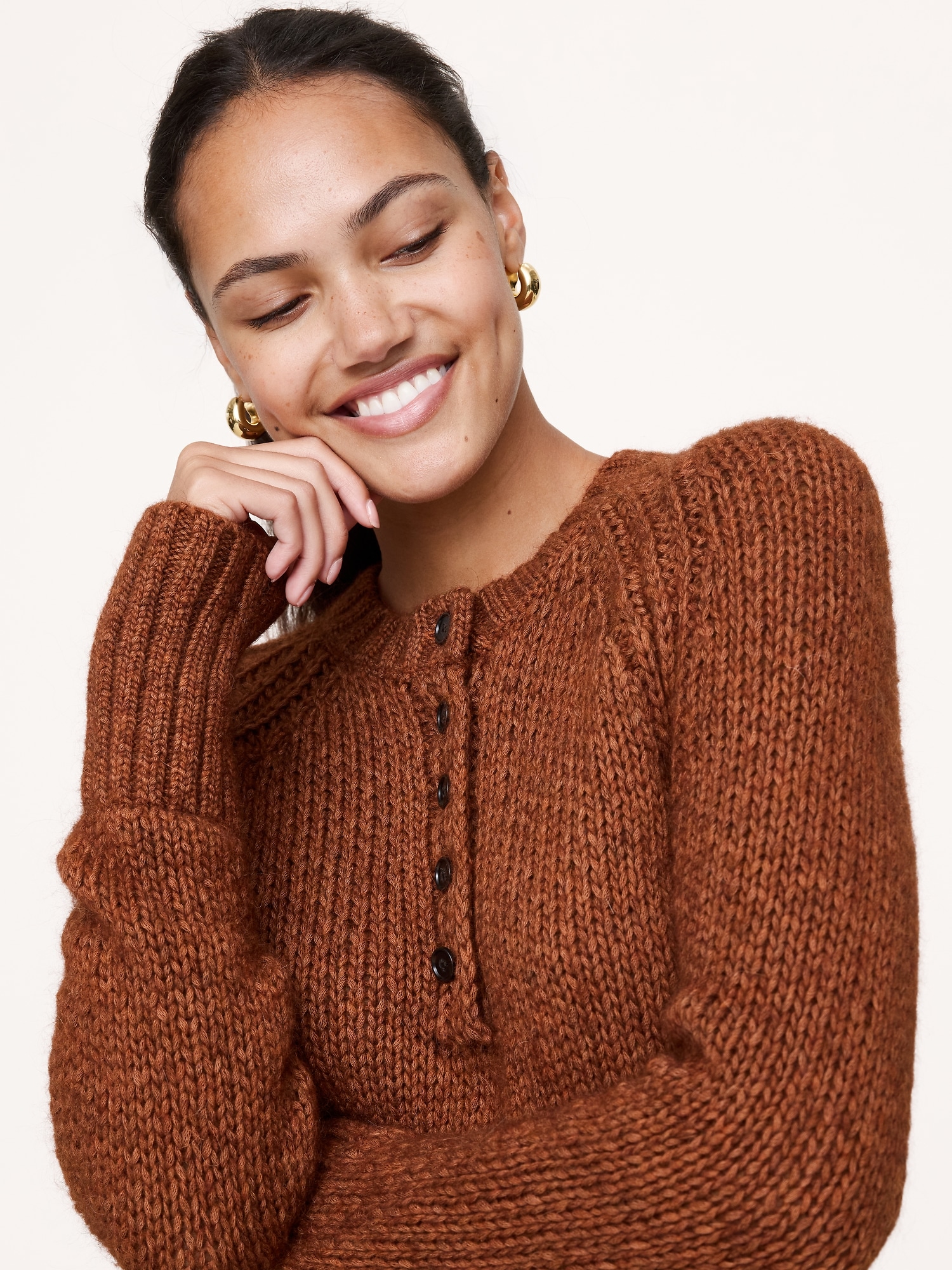 Cotton-Alpaca-Merino Henley Sweater - Toasted Spice Brown
