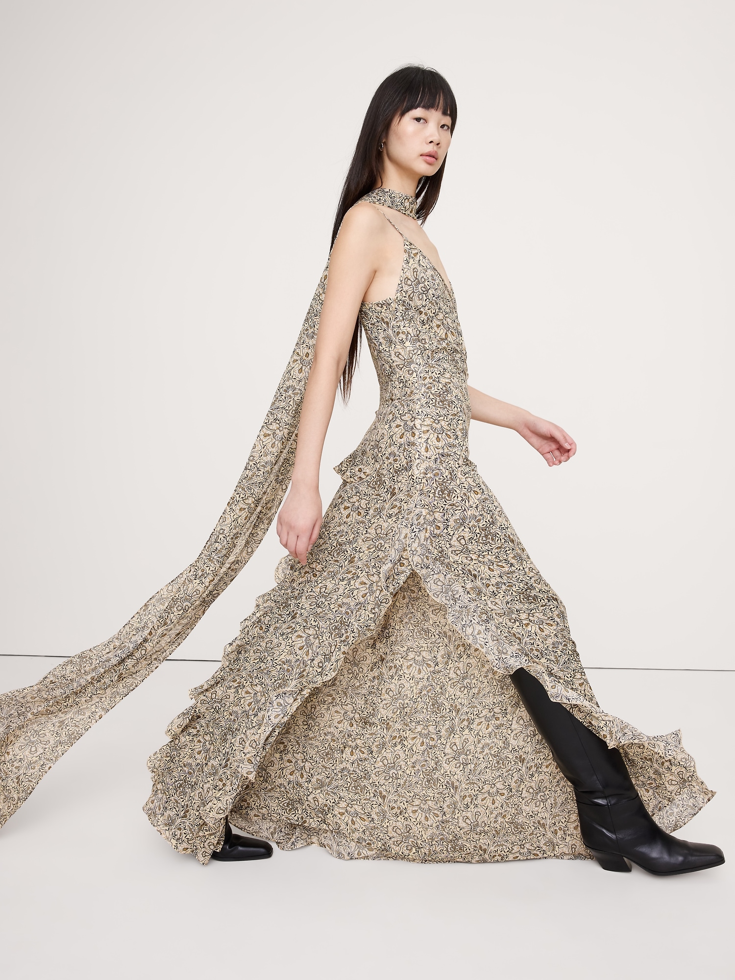 Georgette Ruffle Maxi Dress with Scarf - Beige Floral Paisley