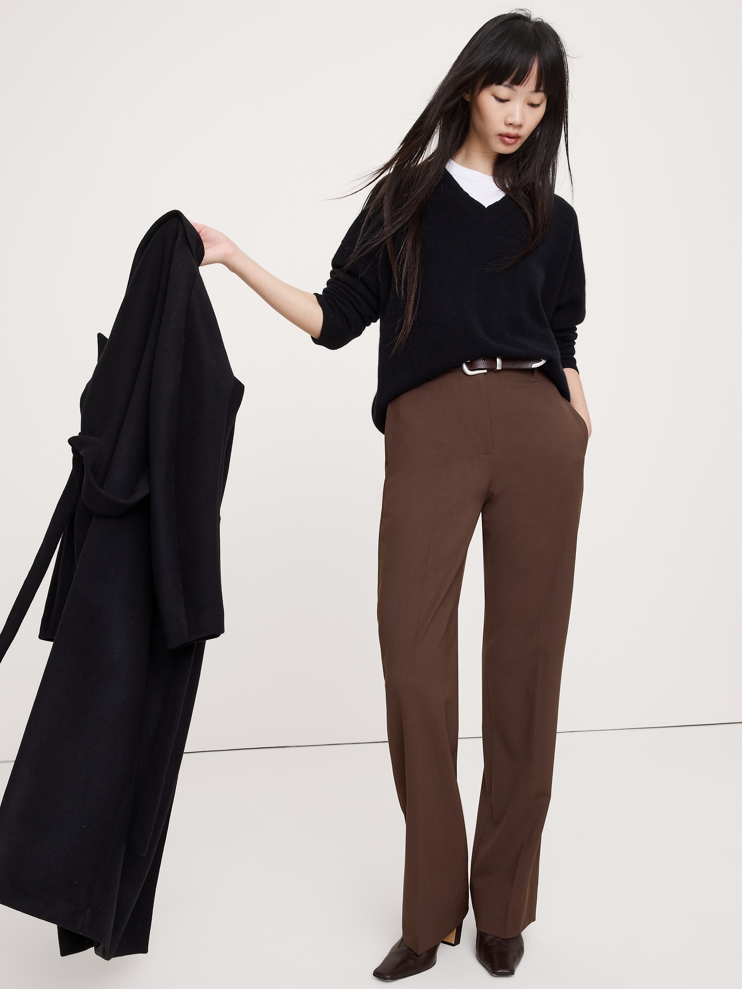 High-Rise Modern Straight Italian Wool Pant - Espresso Brown