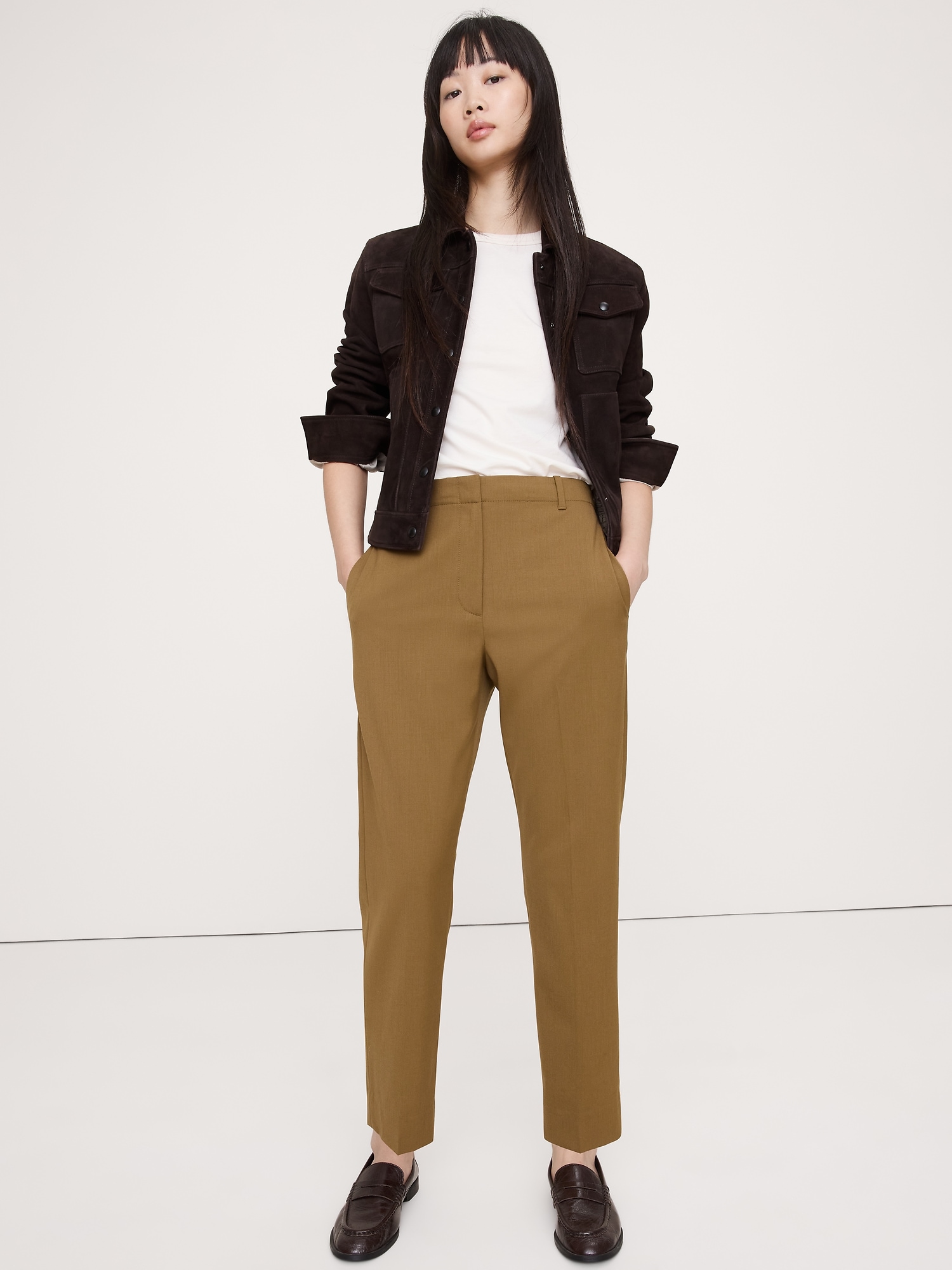High-Rise Slim Italian Wool Ankle Pant - Saddle Brown