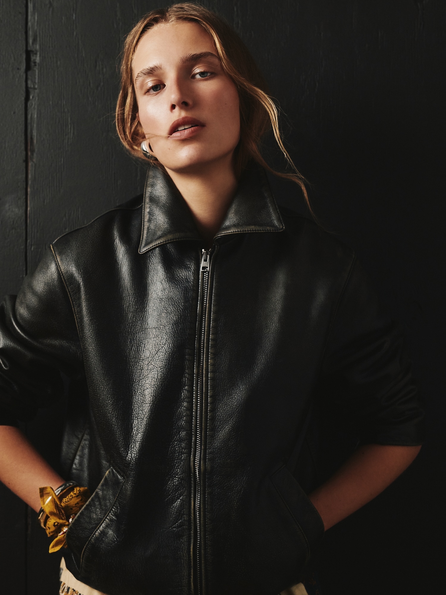 Image number 8 showing, Oversized Distressed Leather Bomber Jacket