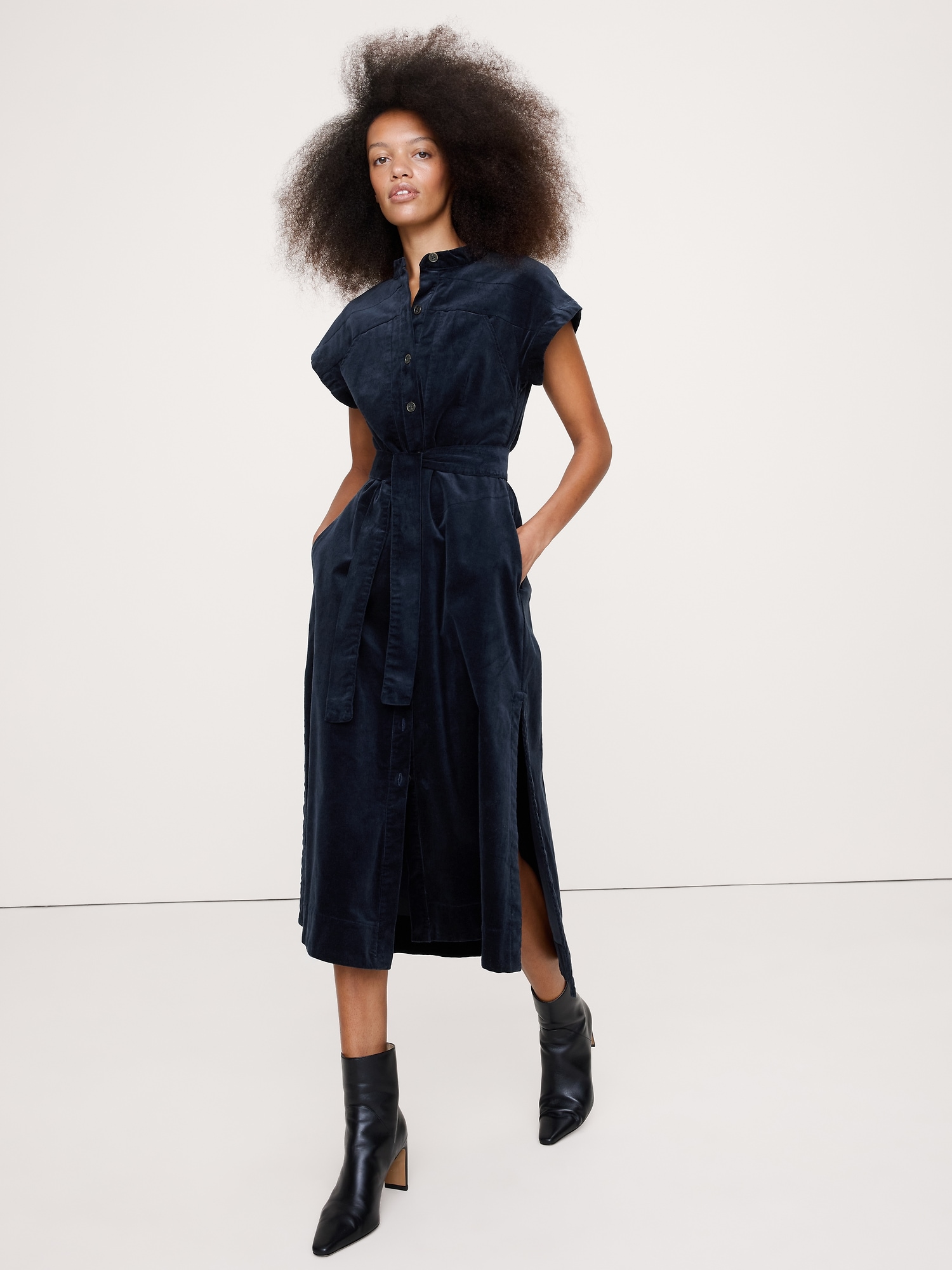 Corduroy Midi Shirt Dress - Navy Blue