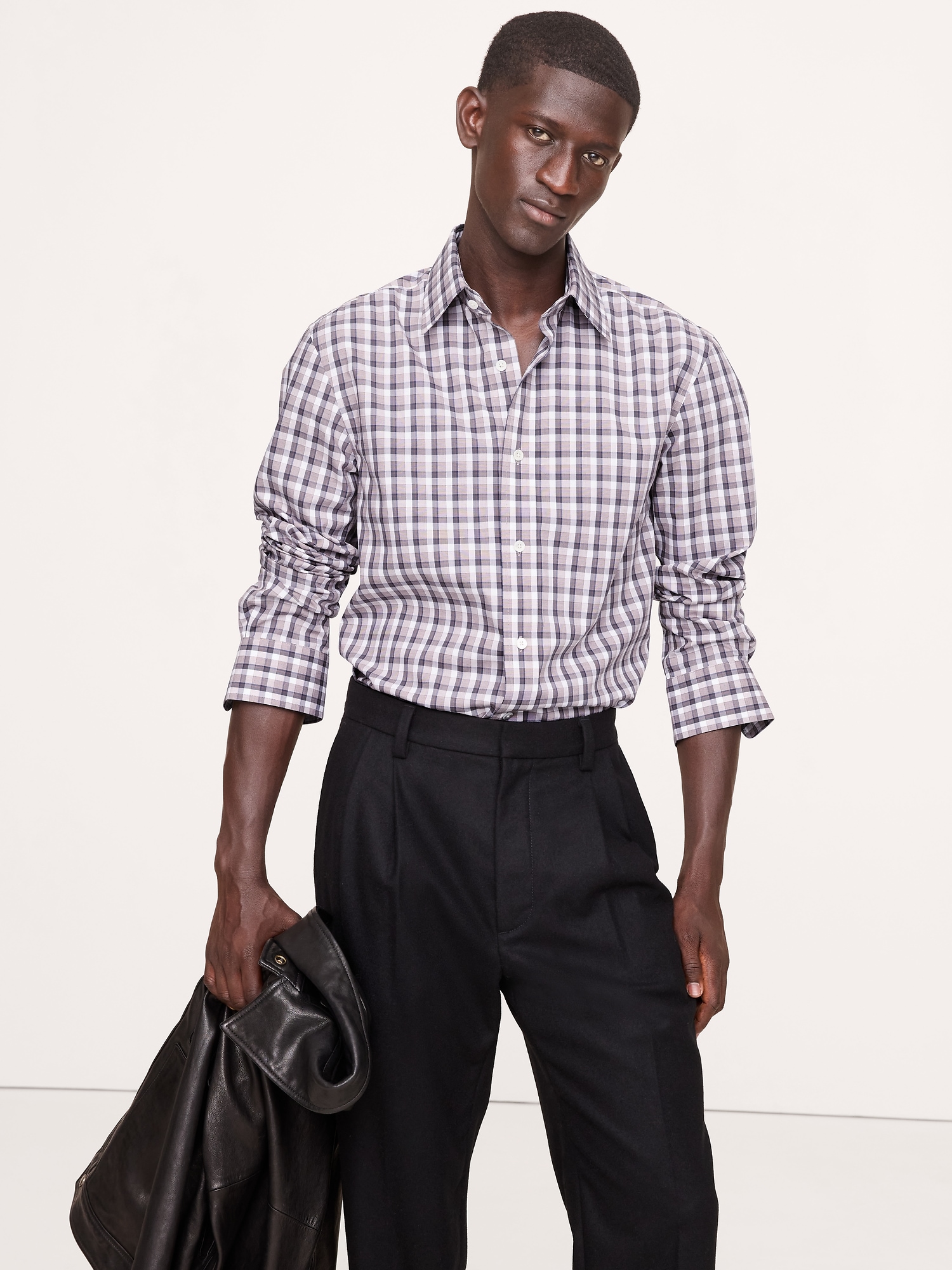 Slim-Fit Wrinkle-Resistant Dress Shirt - Natural Beige & White