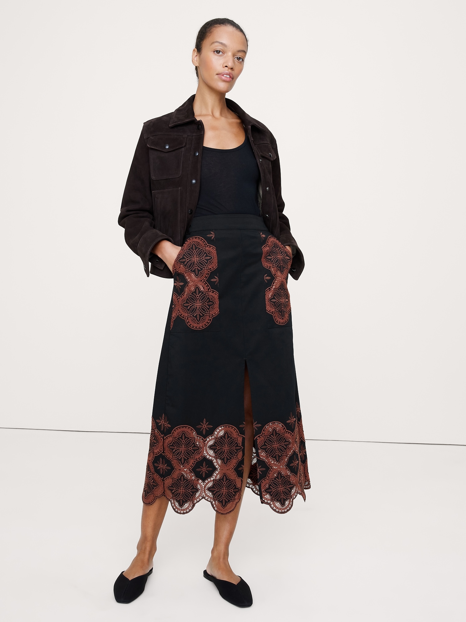 Image number 1 showing, Embroidered Corduroy Midi Skirt