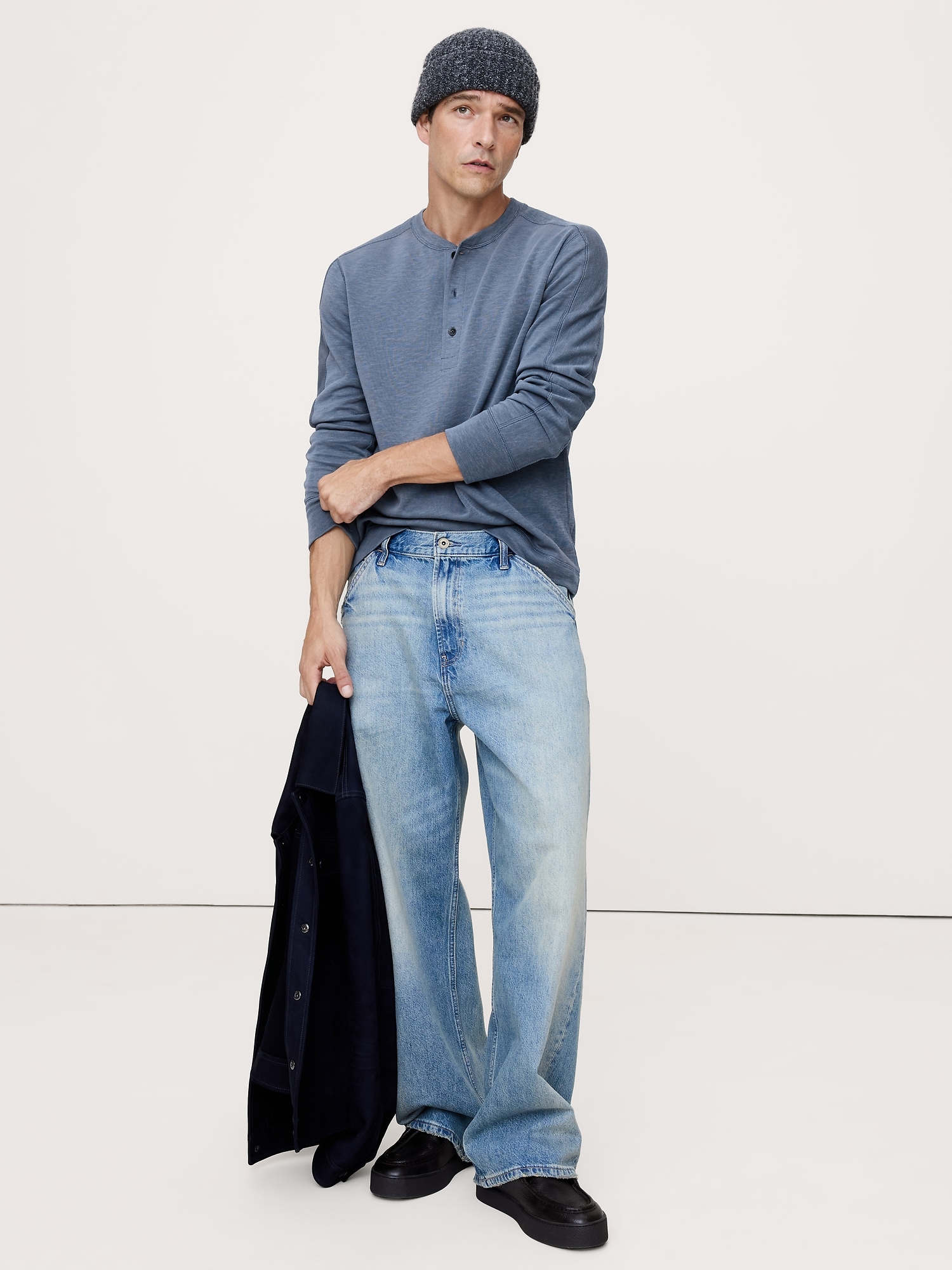 Slub Double-Knit Henley T-Shirt - Blue Heather