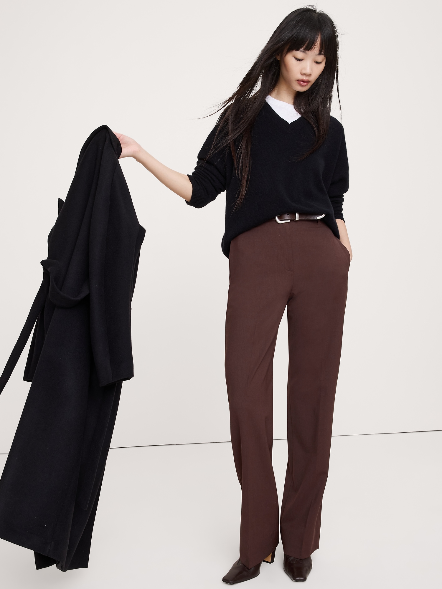 High-Rise Modern Straight Italian Wool Pant - Espresso Brown