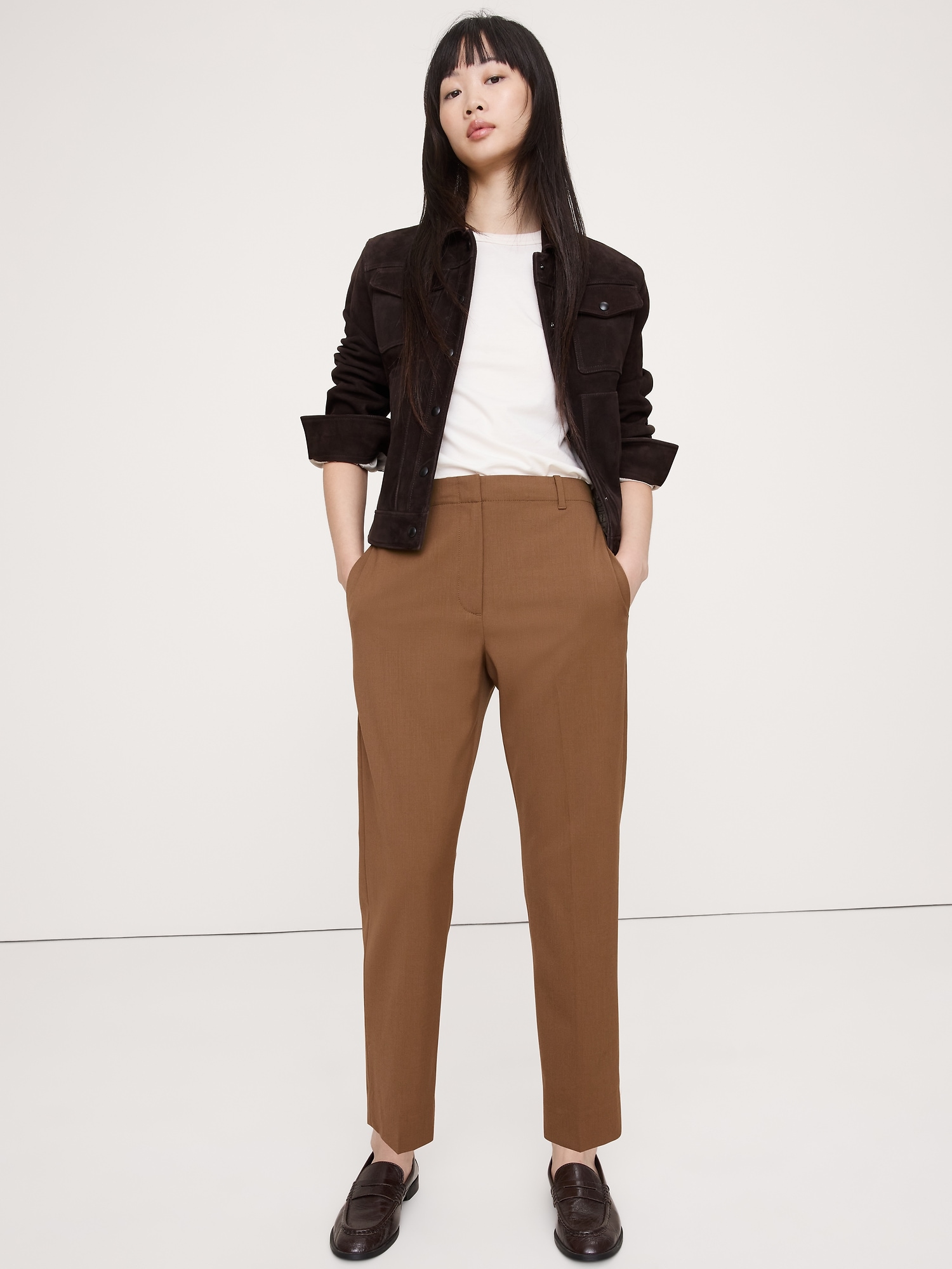 High-Rise Slim Italian Wool Ankle Pant - Saddle Brown