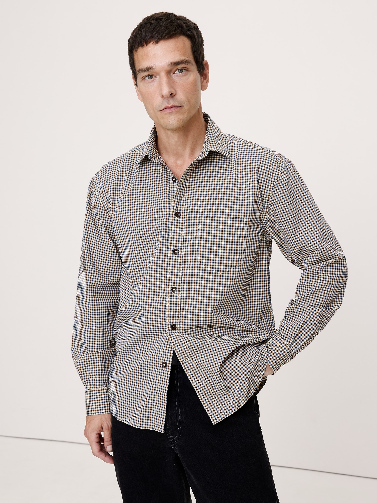 Relaxed-Fit Washed Cotton Poplin Shirt - Brown/Blue Plaid