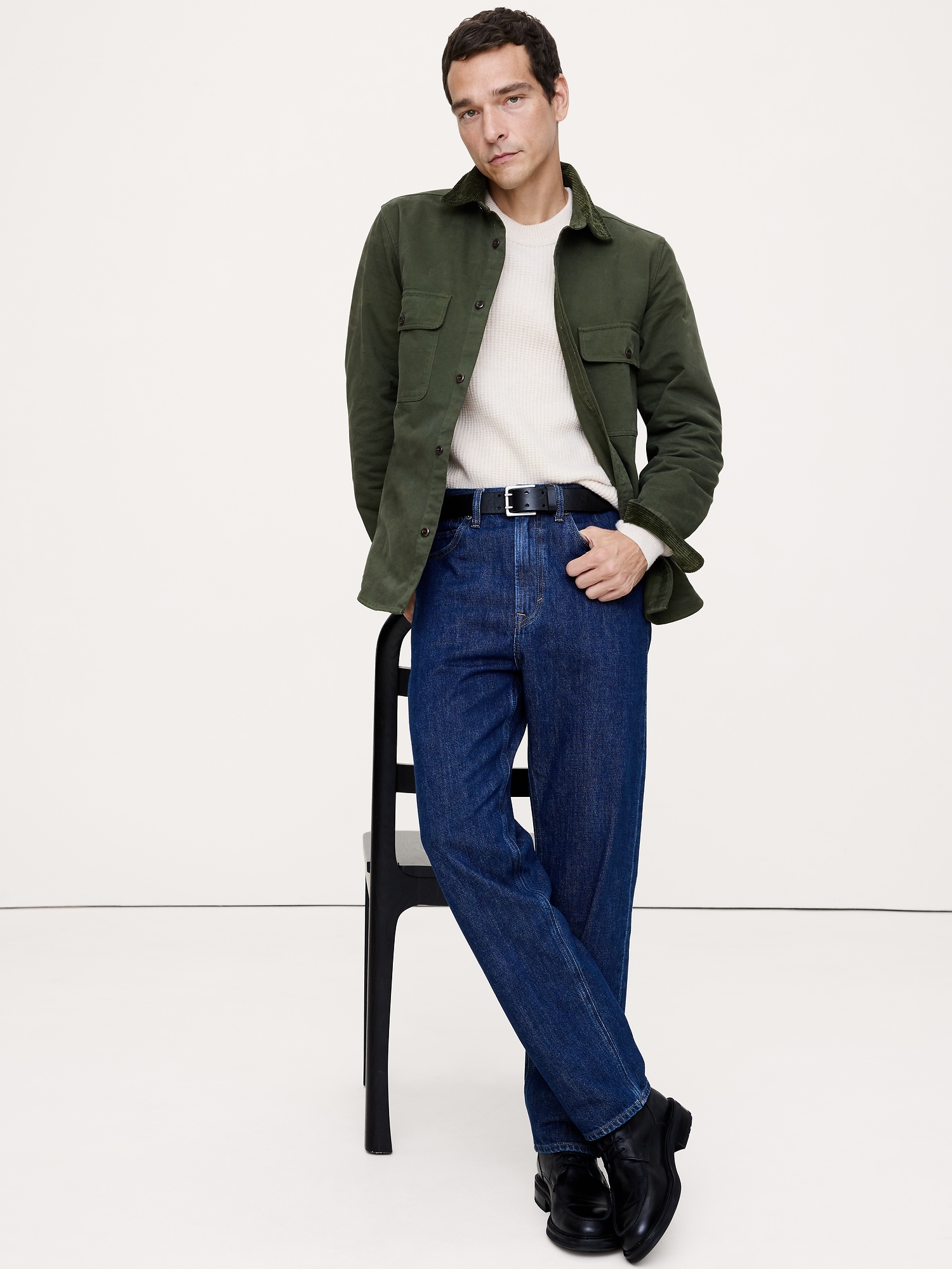 Standard-Fit Cotton Twill Shirt Jacket - Forest Green With Corduroy Collar
