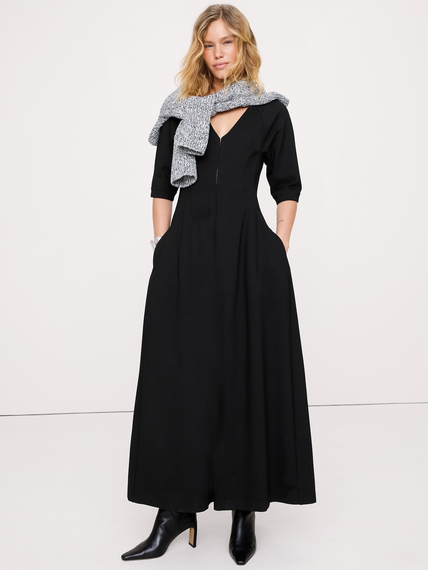 Ponte Puff-Sleeve Maxi Dress - Black