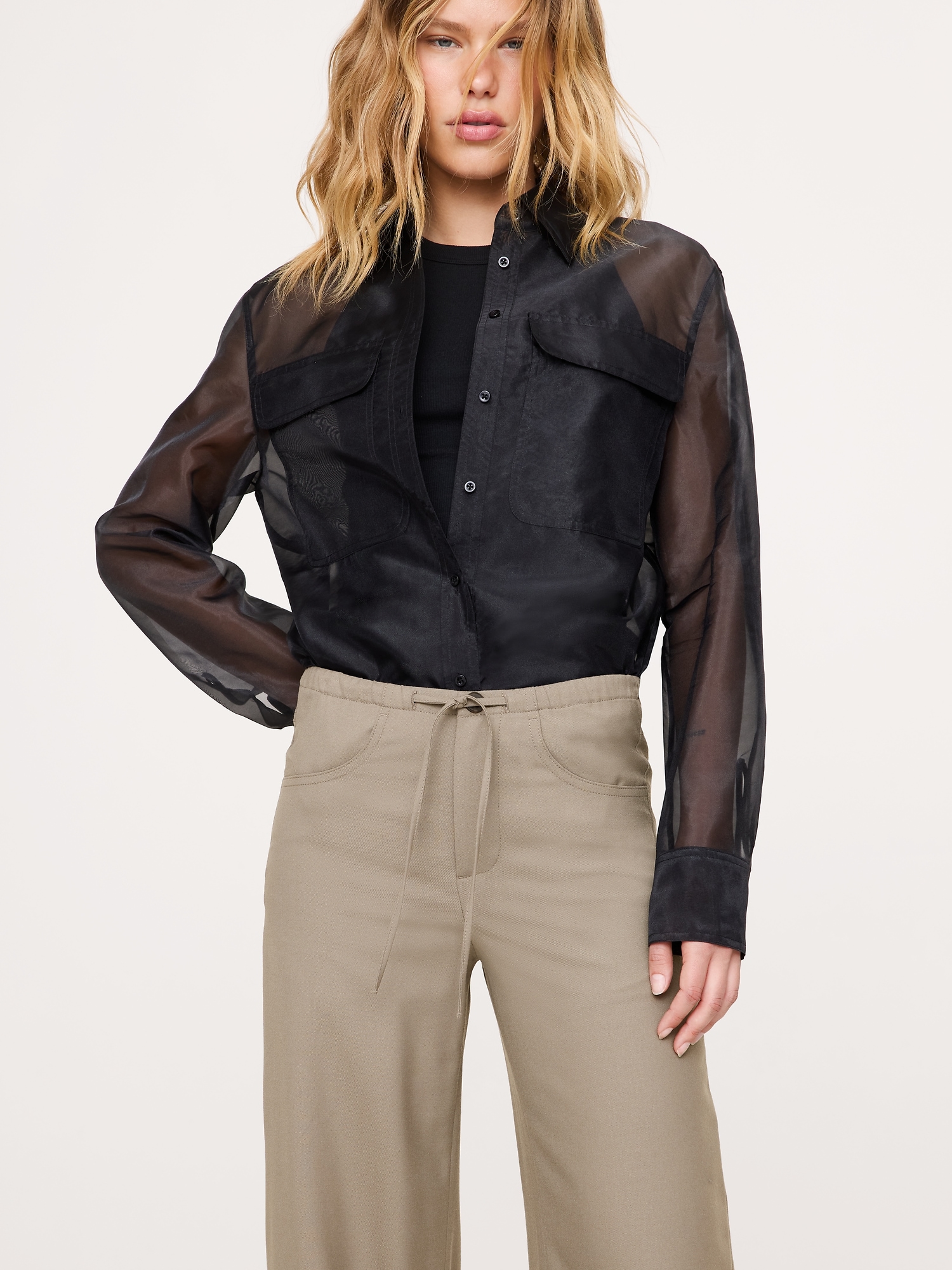 Image number 4 showing, Mid-Rise Wide-Leg Flannel Drawstring Pant