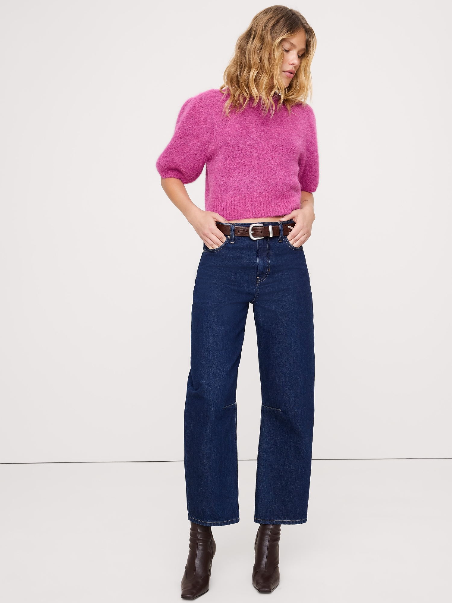 Fuzzy Alpaca-Blend Puff-Sleeve Sweater - Camu Berry Red
