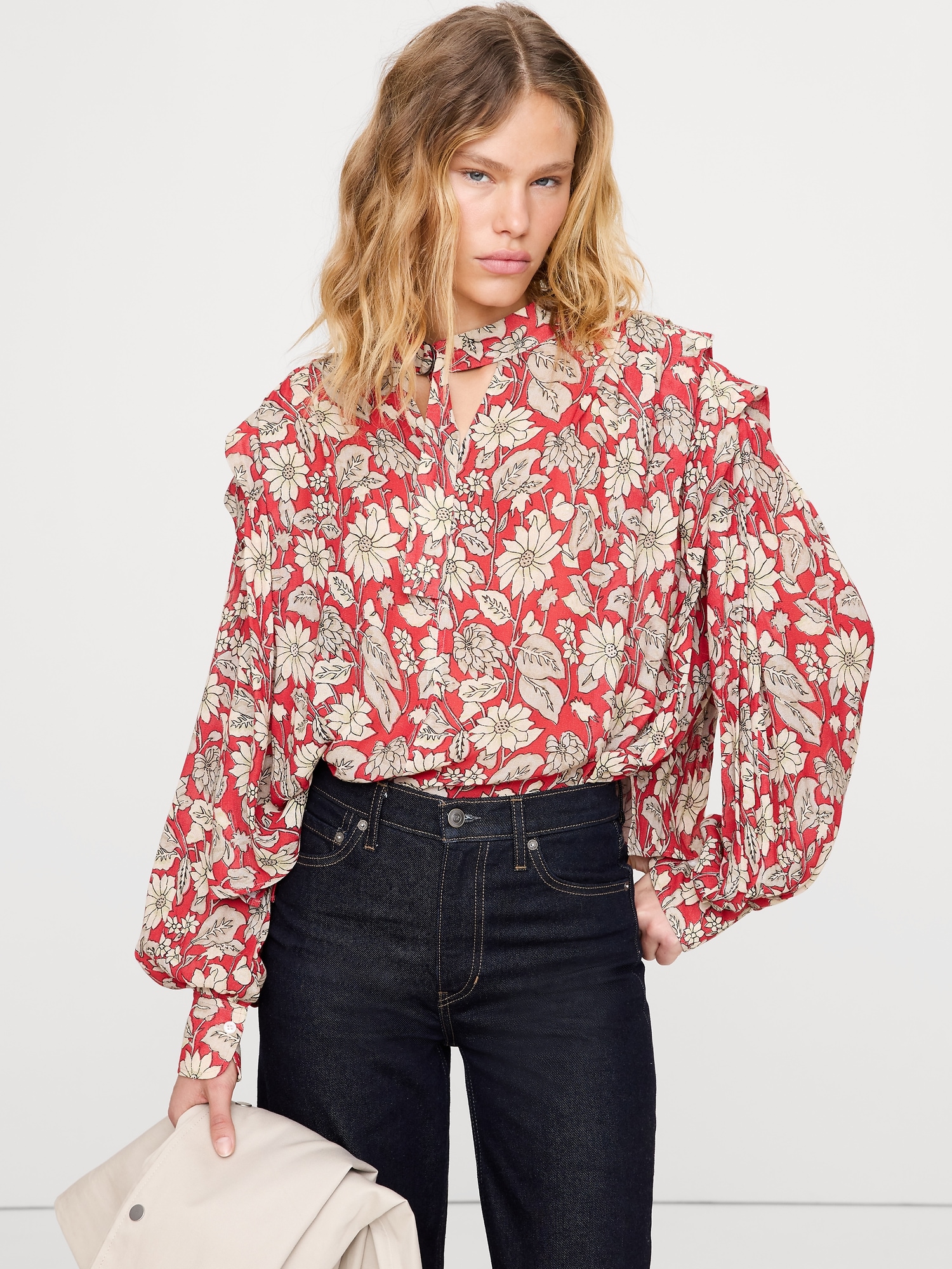 Sheer Pleat-Shoulder Top - Red Floral