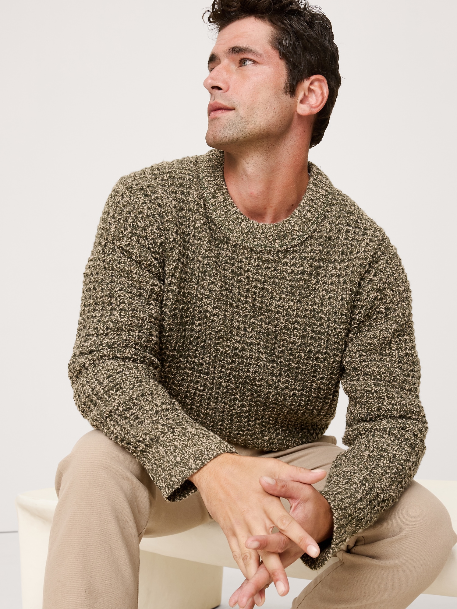 Italian Wool-Blend Waffle-Knit Sweater Crew - Hidden Forest Green