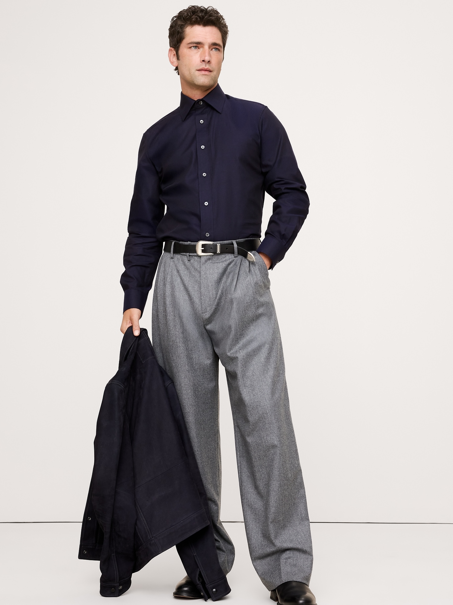Slim-Fit Wrinkle-Resistant Dress Shirt - Navy Blue Texture
