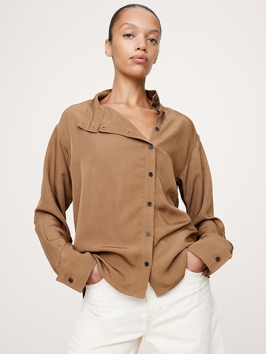 Drapey Twill Asymmetrical Button-Front Blouse | Banana Republic