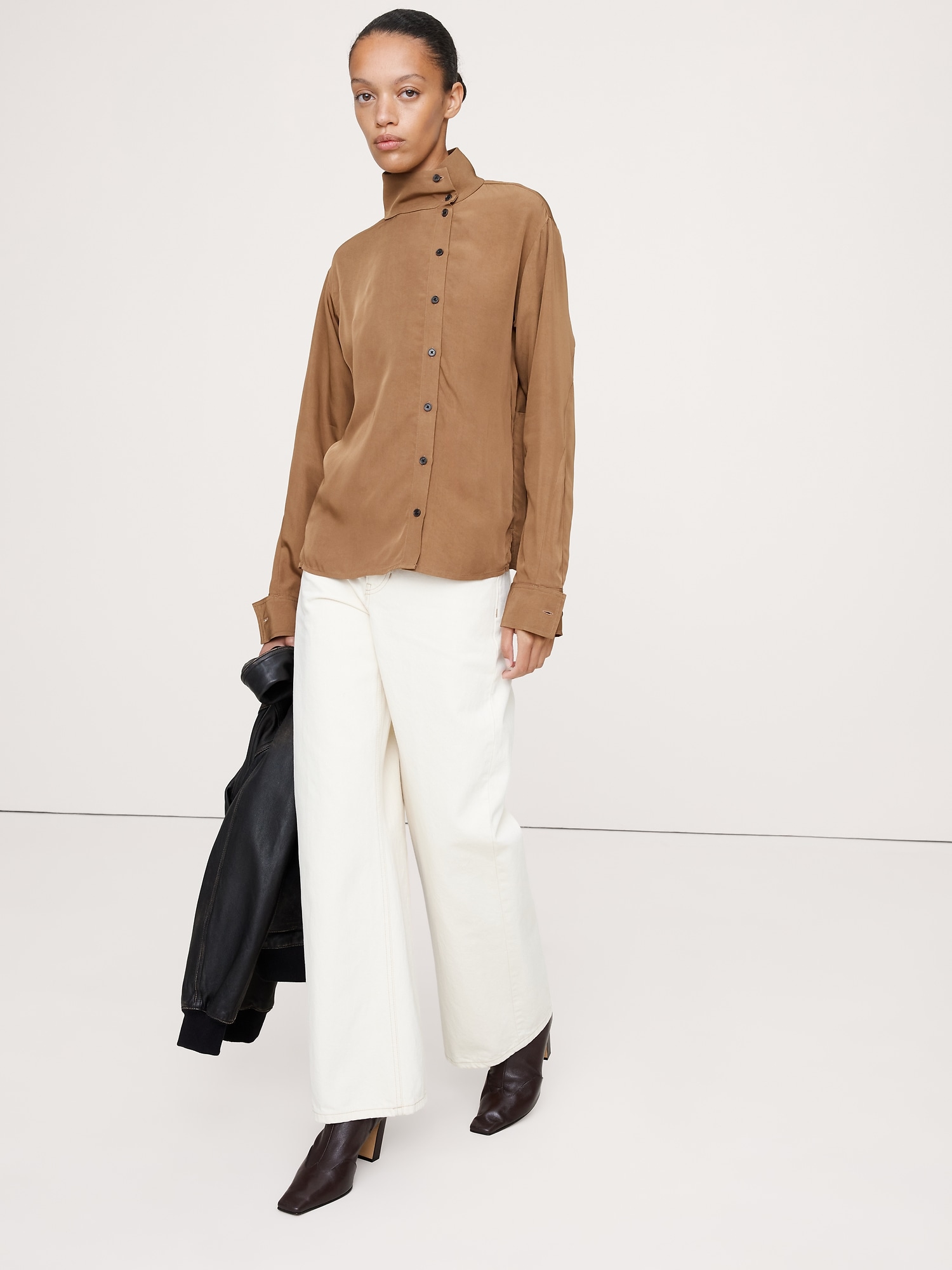 Image number 6 showing, Drapey Twill Asymmetrical Button-Front Blouse