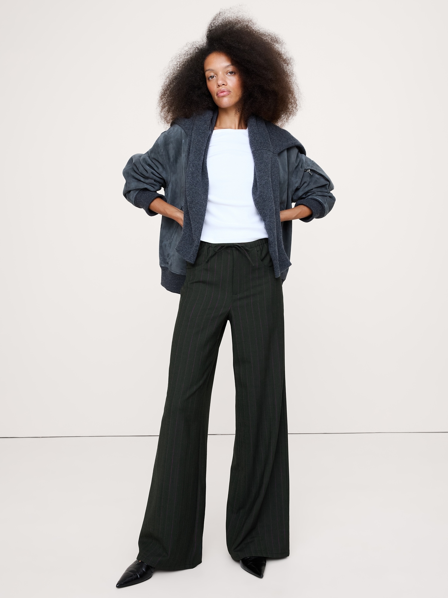 Mid-Rise Wide-Leg Wool-Blend Drawstring Pant
