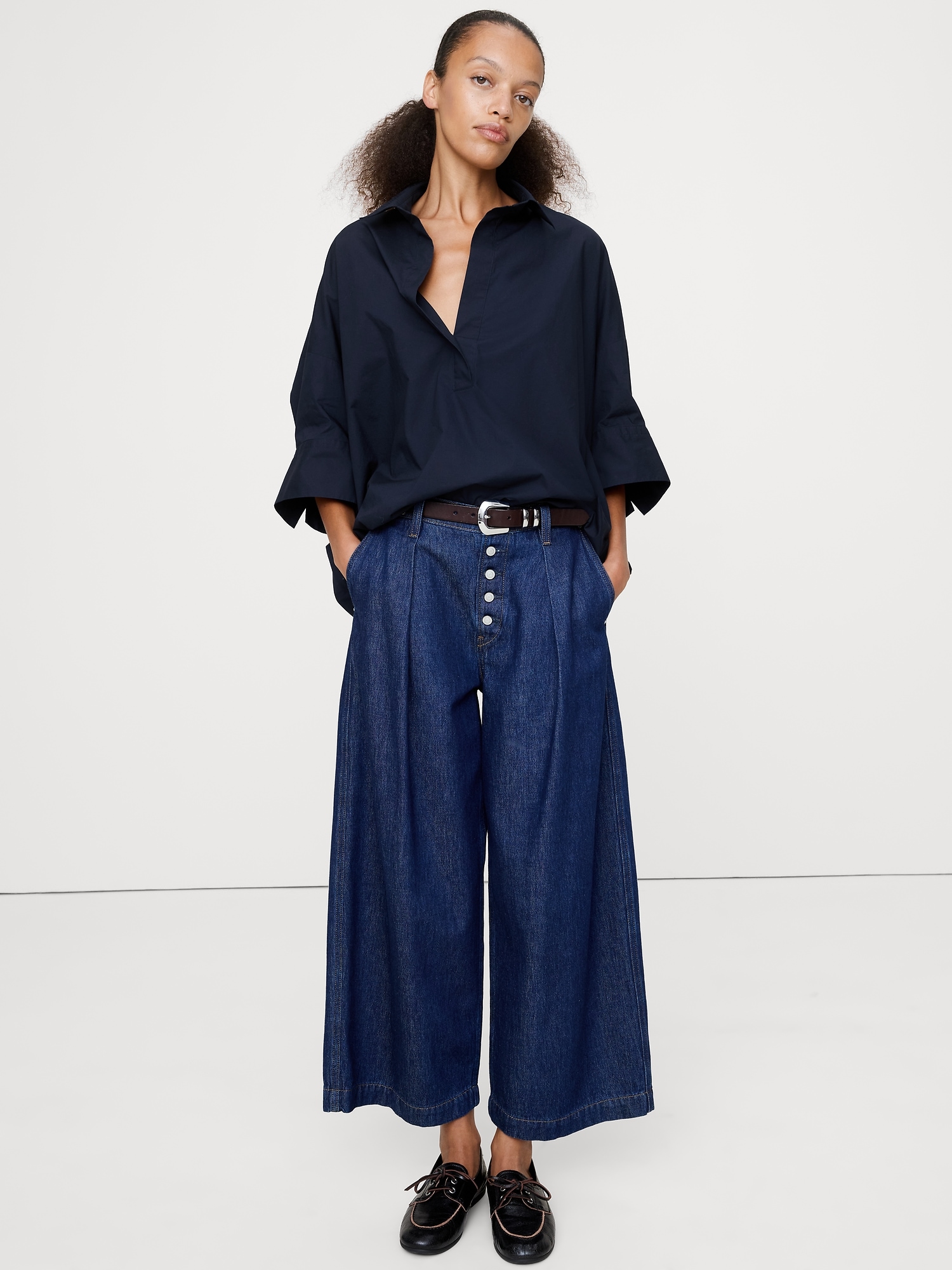 Oversized Popover Top - Navy Blue
