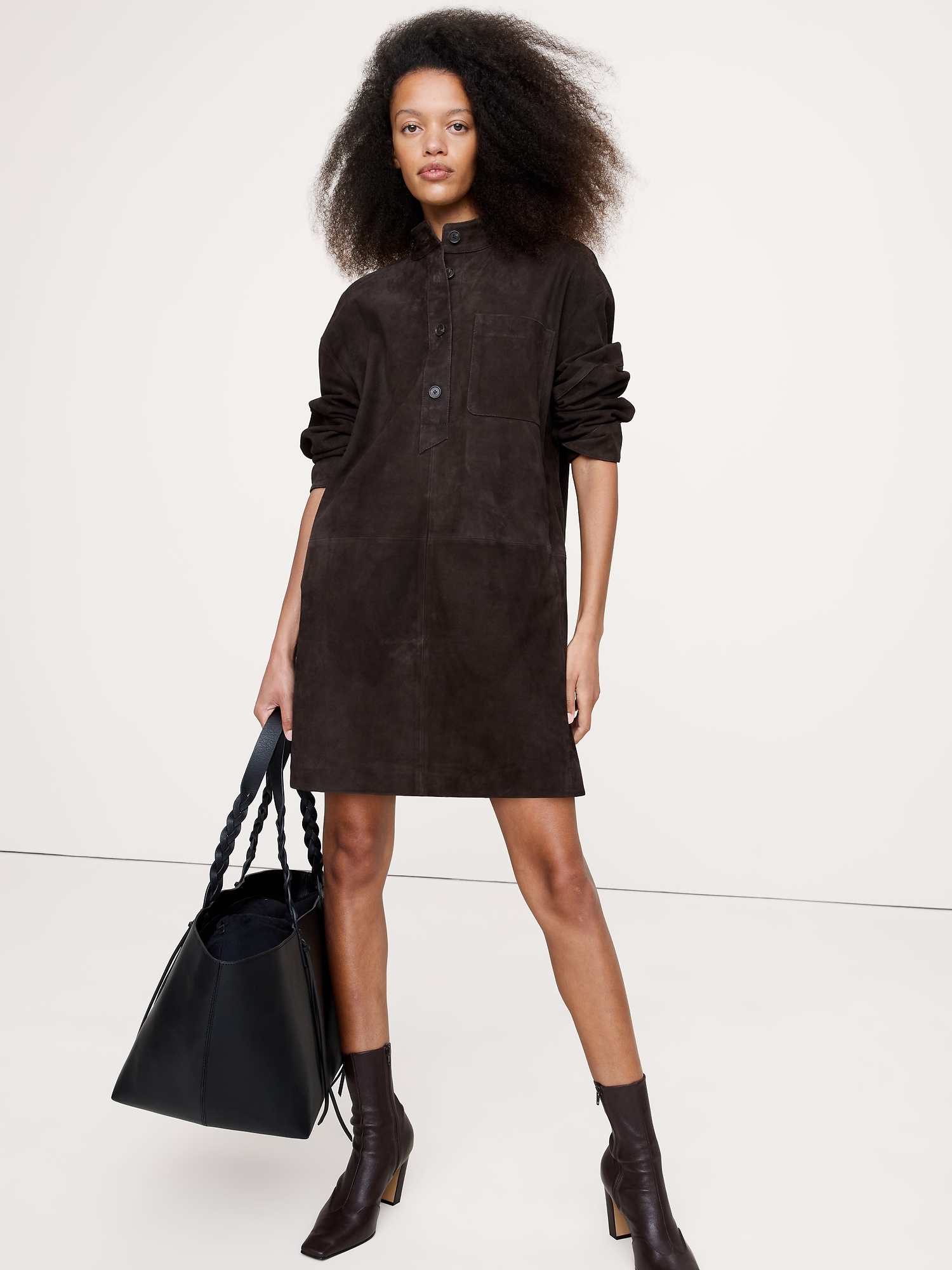 Suede Popover Shift Dress - Ganache Brown