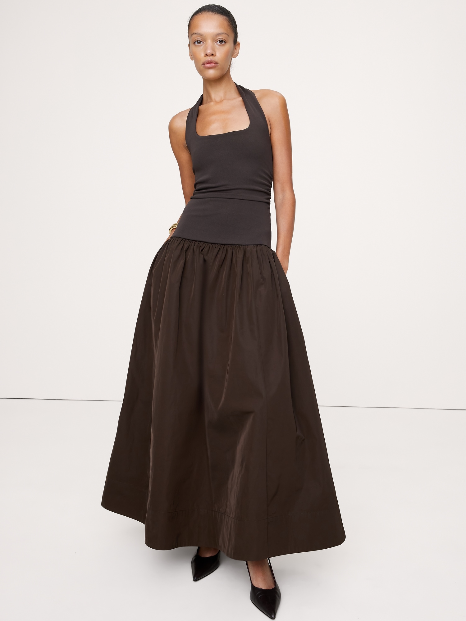 Jersey & Taffeta Halter Maxi Dress - Double Chocolate Brown