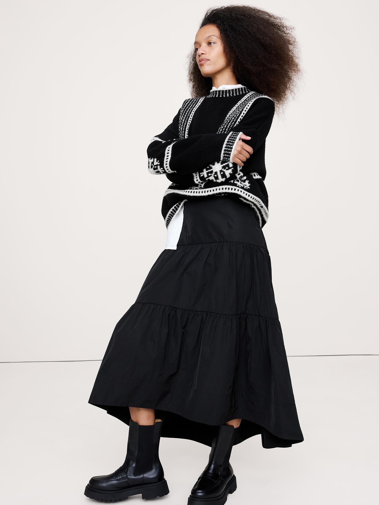 Tiered Midi Skirt - Black Taffeta