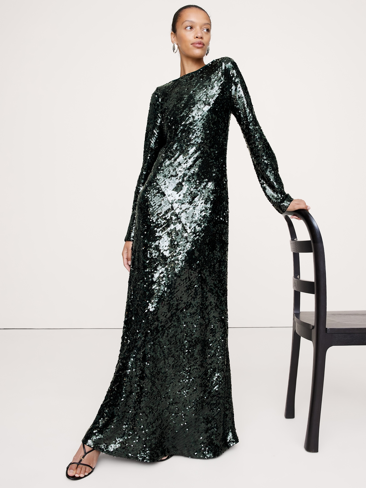 Bias-Cut Sequin Maxi Dress - Dark Green