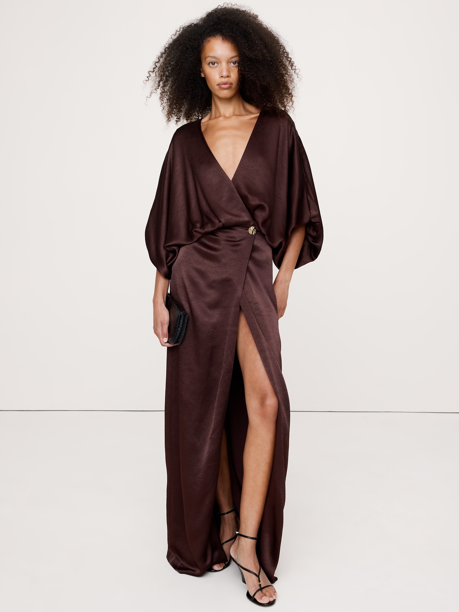Hammered Satin Wrap Maxi Dress - Chocolate Cake Brown