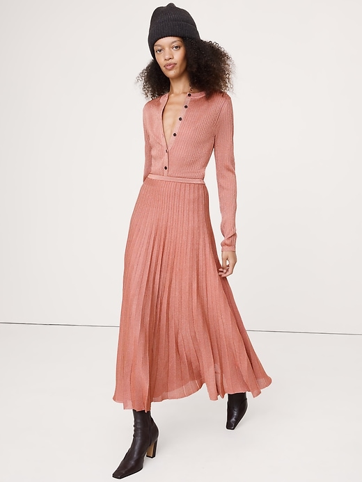 Pleated Metallic Sweater Skirt