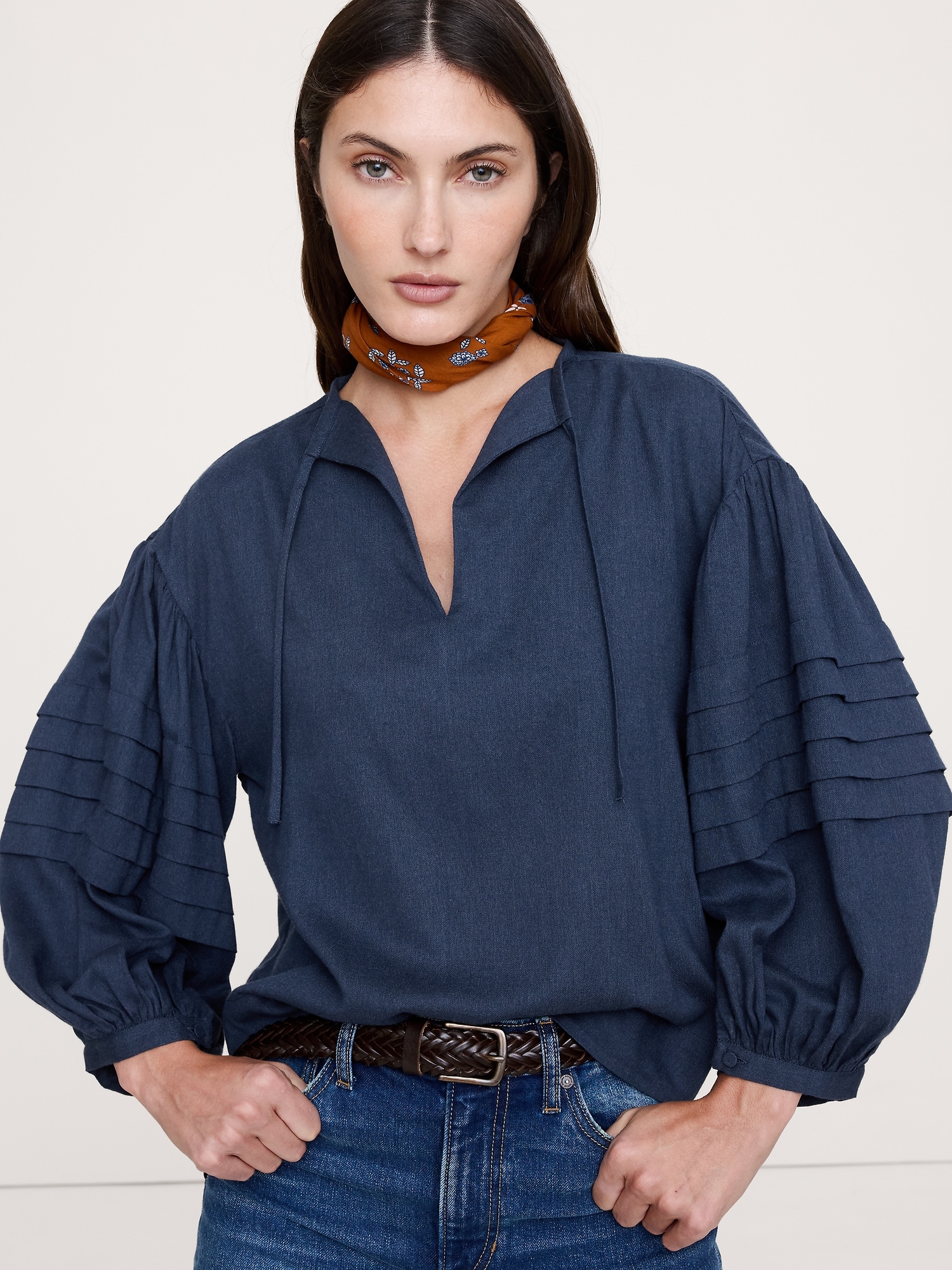 Flannel Peasant Blouse - Navy Blue Heather